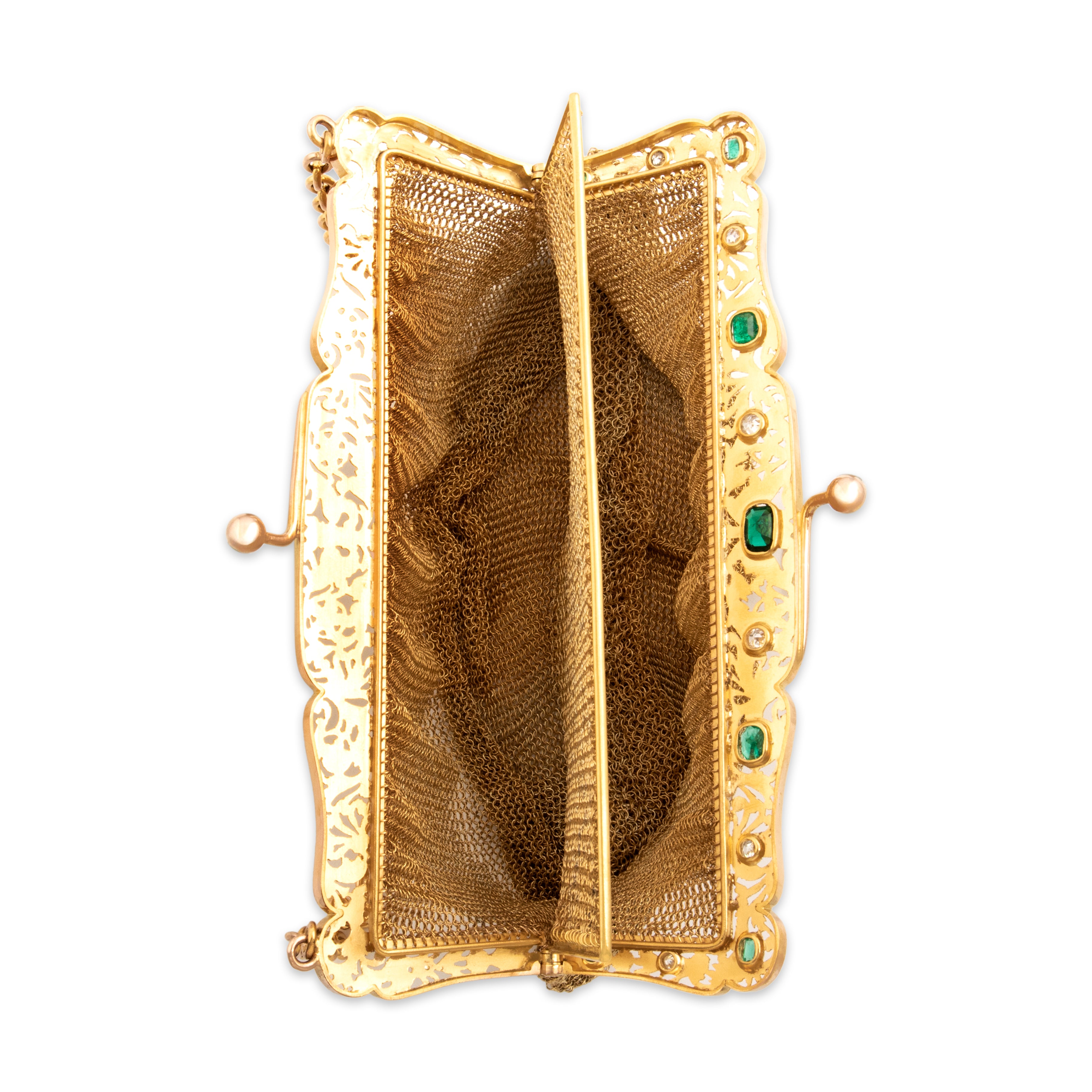 Antique 18k Yellow Gold 2.56cttw Emerald .86cttw Old Mine Cut Diamond Mesh Purse Apparel & Accessories - detail view #1