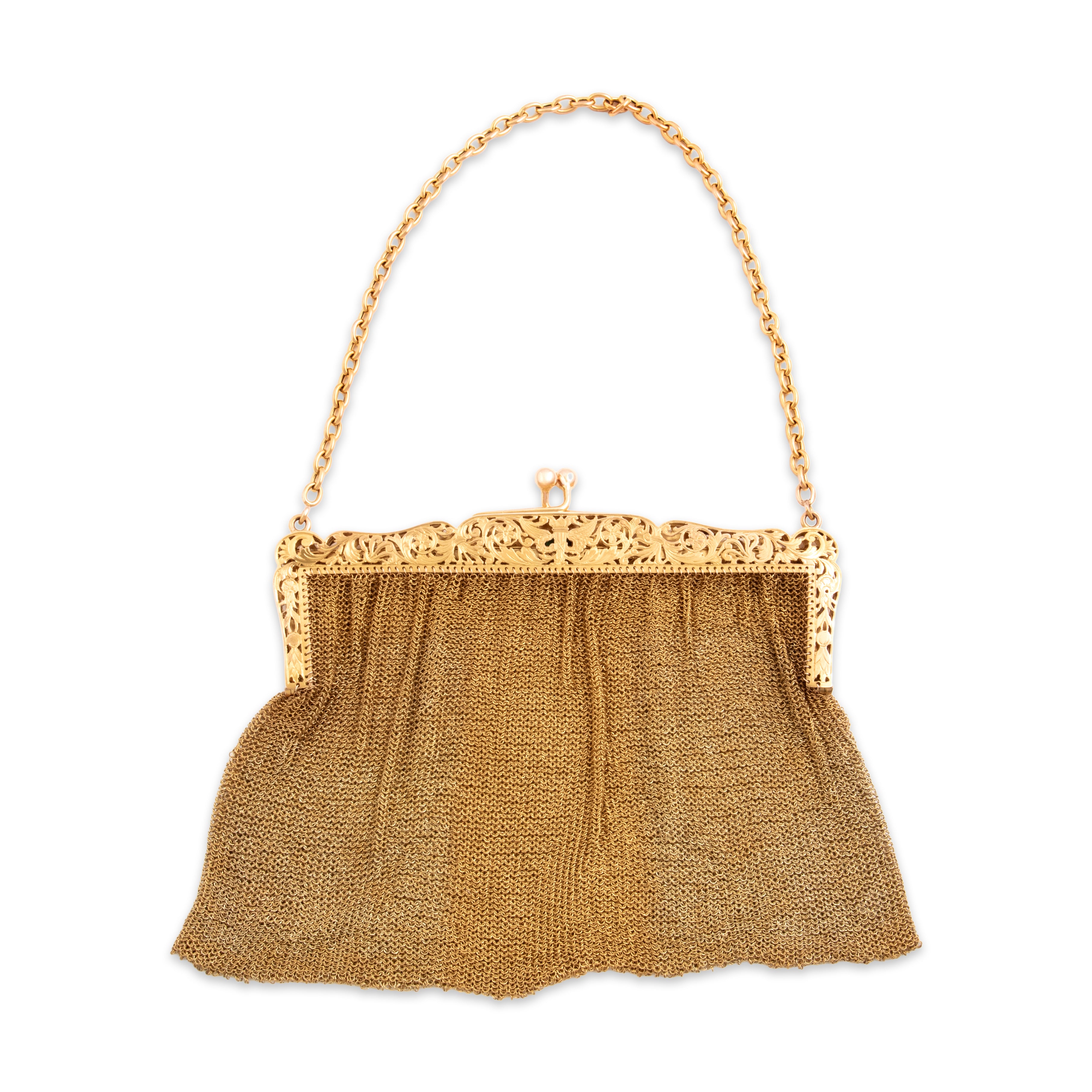 Antique 18k Yellow Gold 2.56cttw Emerald .86cttw Old Mine Cut Diamond Mesh Purse Apparel & Accessories - Back view