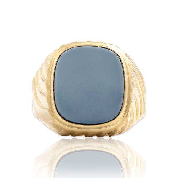 Vintage 14k Yellow Gold 3.55ct Banded Agate Bold Ribbed Rectangle Ring 11.50