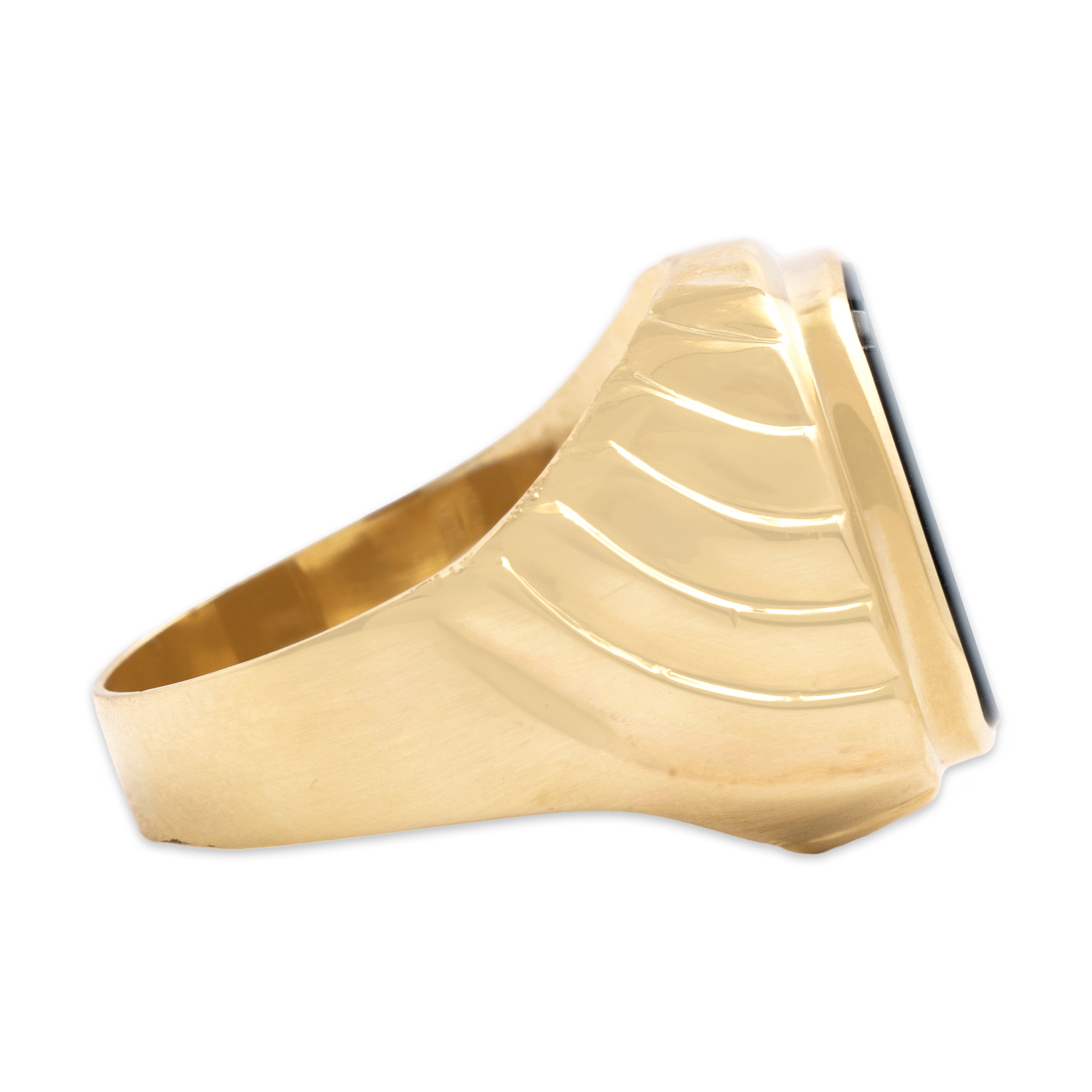 Vintage 14k Yellow Gold 3.55ct Banded Agate Bold Ribbed Rectangle Ring - Side view