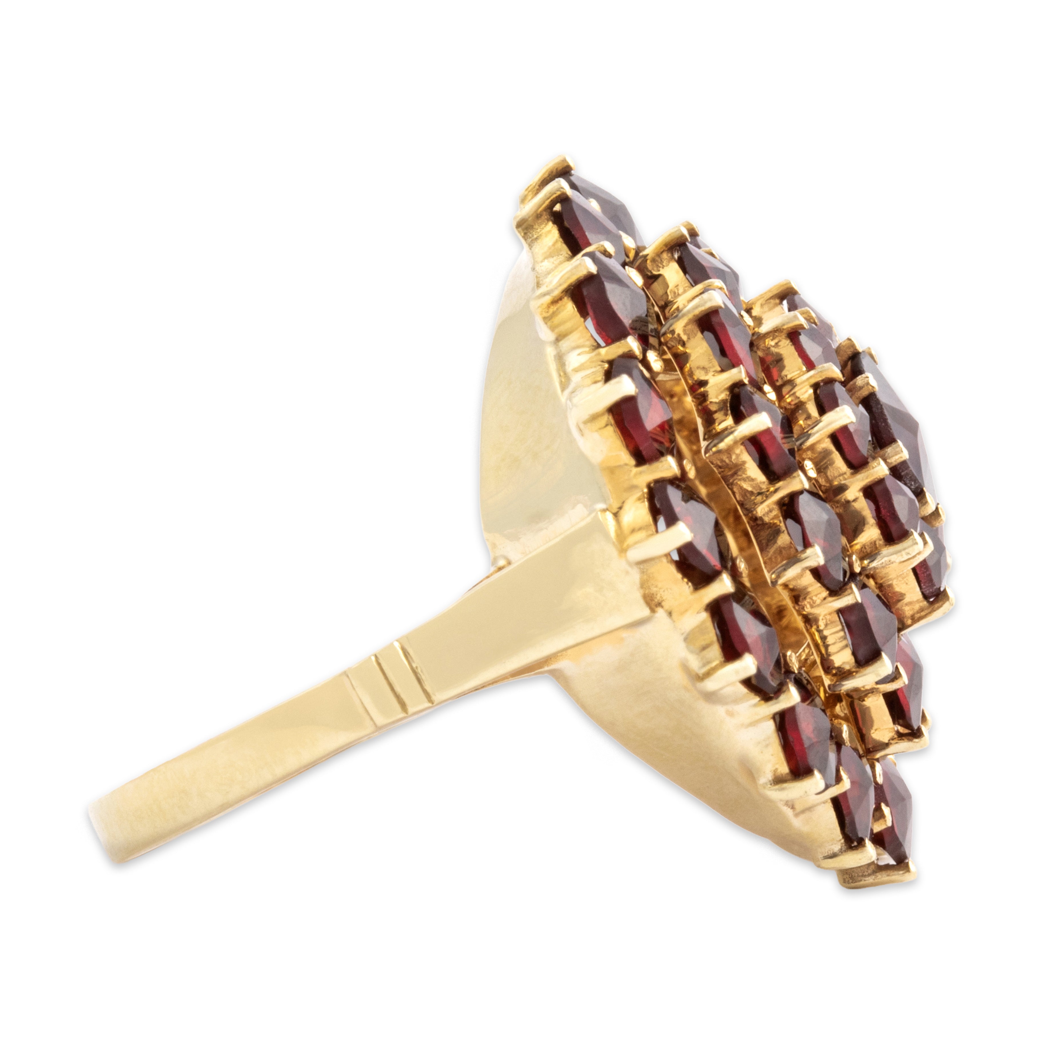 Vintage German Large 10k Yellow Gold 4.16cttw Garnet Striking Round Stack Ring - Side view