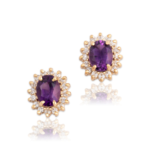 Vintage 14k Yellow Gold 2.17cttw Amethyst .51cttw Diamond Oval Stud Earrings