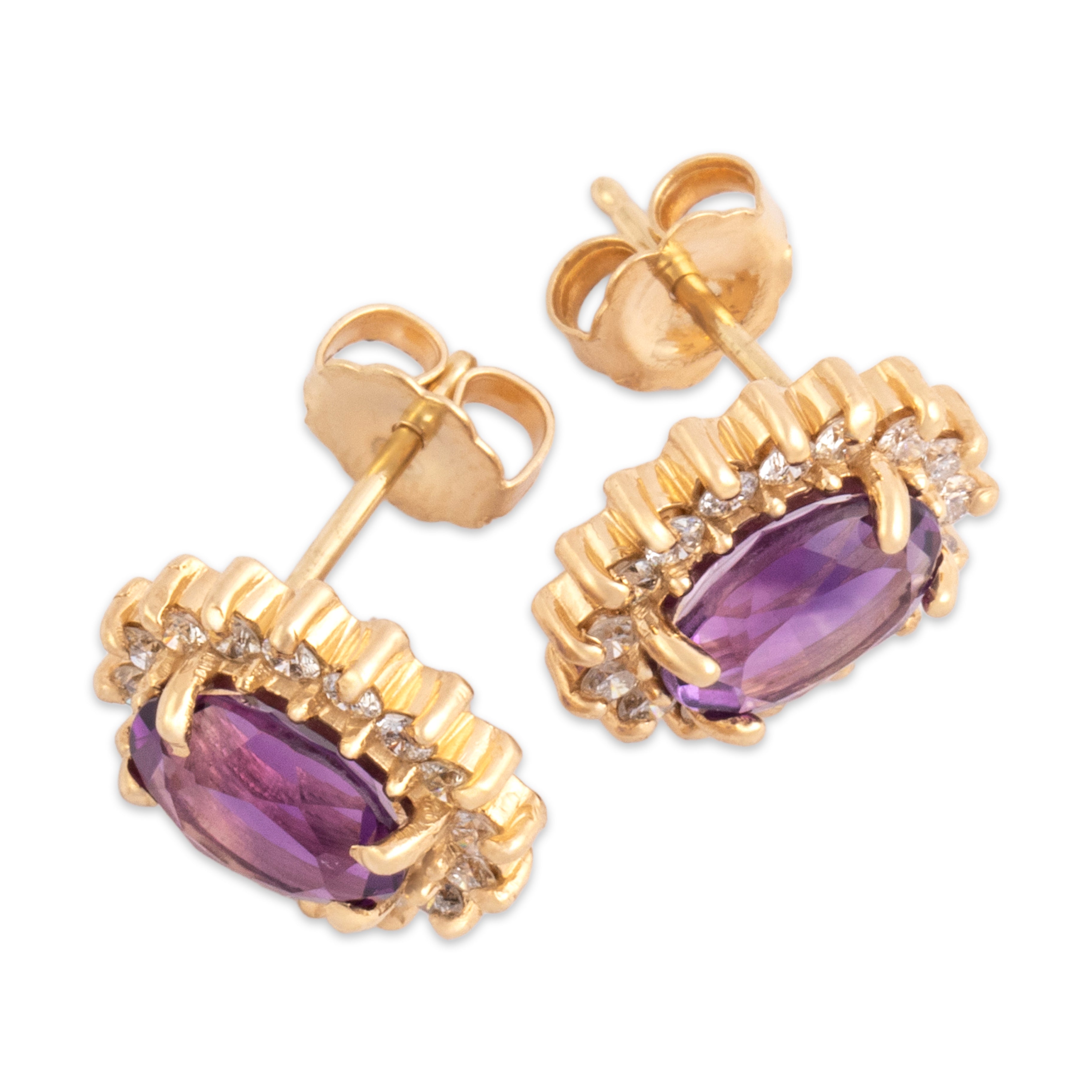 Vintage 14k Yellow Gold 2.17cttw Amethyst .51cttw Diamond Fabulous Oval Framed Stud Earrings - Overall view