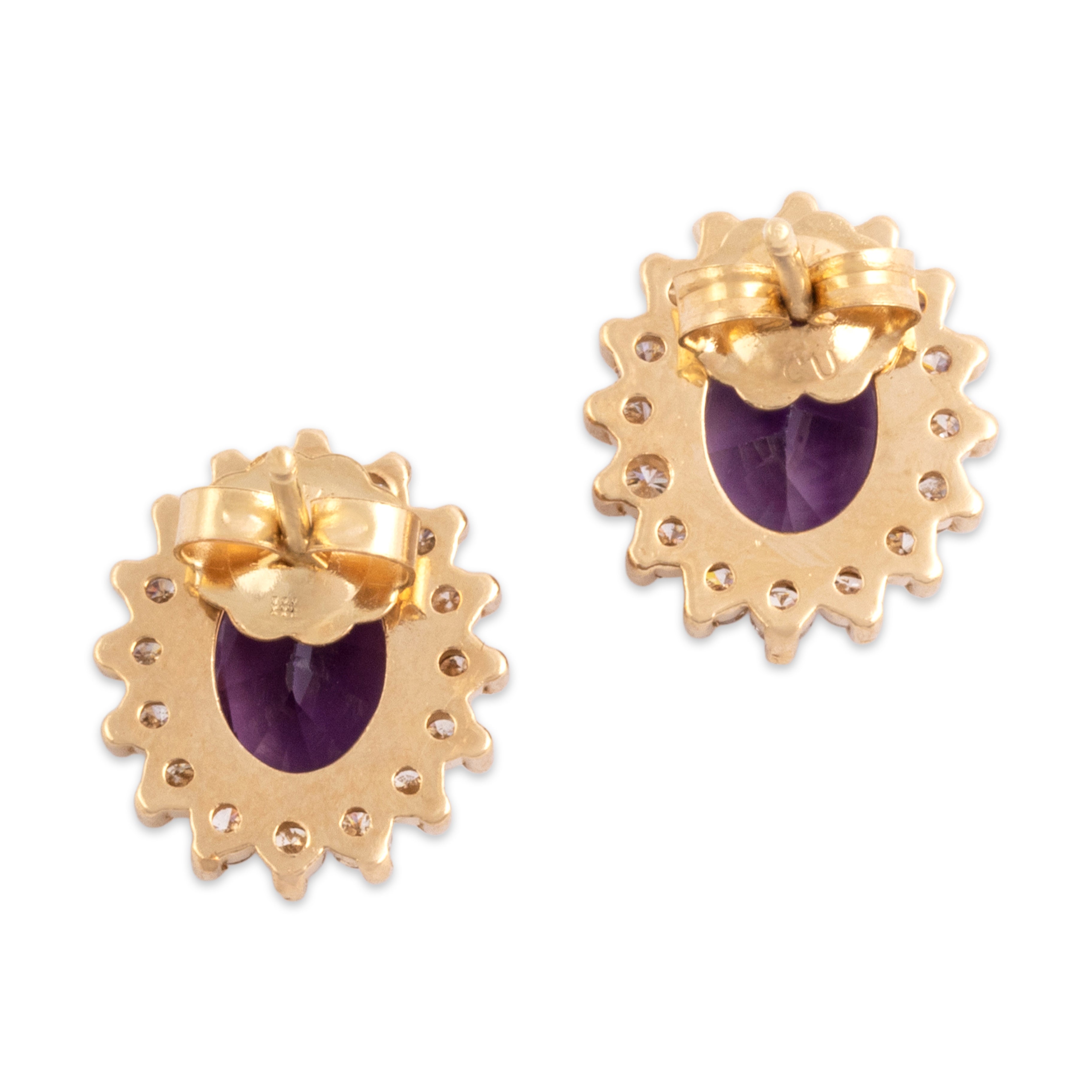 Vintage 14k Yellow Gold 2.17cttw Amethyst .51cttw Diamond Fabulous Oval Framed Stud Earrings - Back view