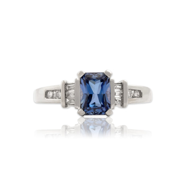 Vintage 10k White Gold 1.42ct Blue Synthetic Sapphire Natural Diamond Ring 6.75