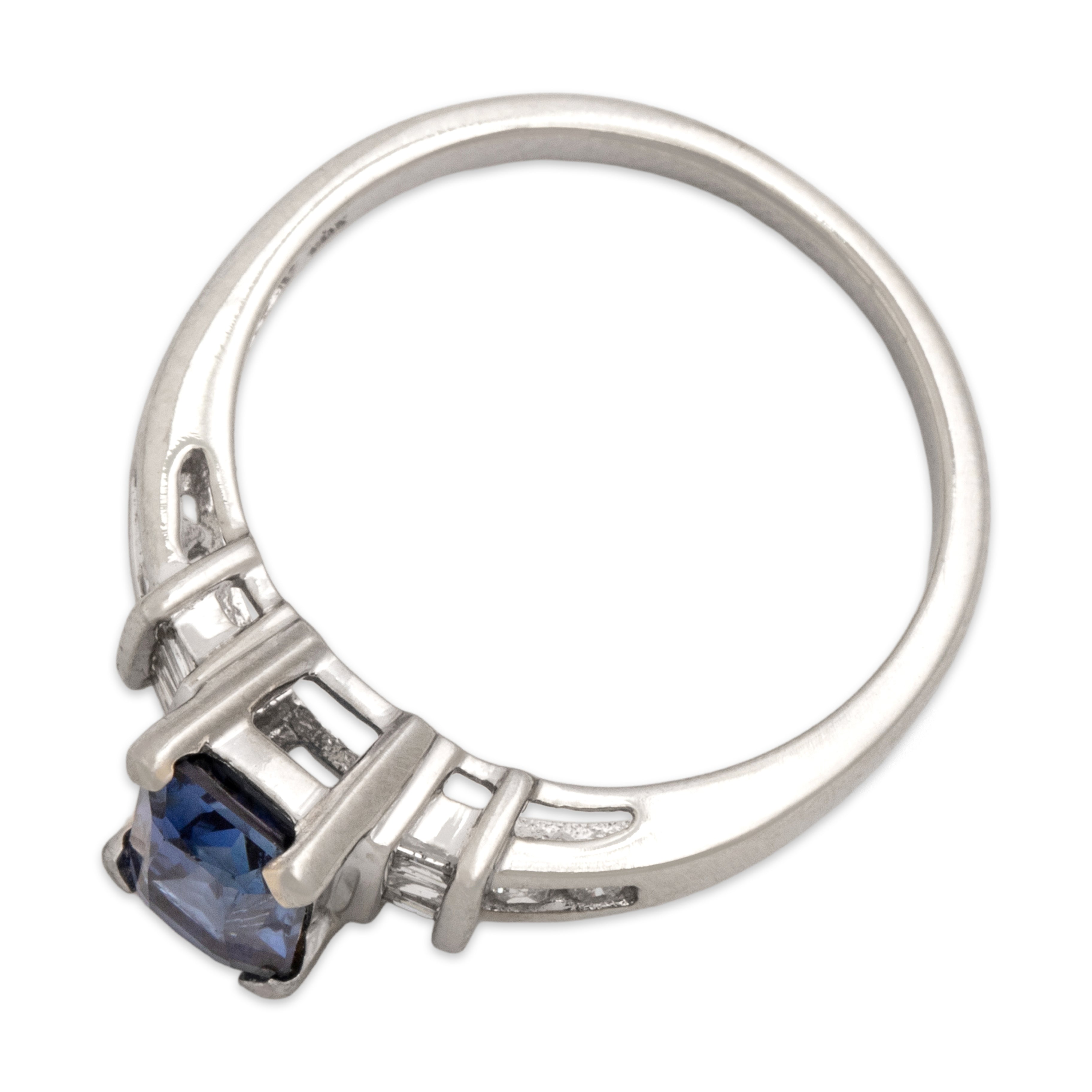 Vintage 14k White Gold 1.42ct Blue Synthetic Sapphire Natural Diamond Striking Dual Channel Shoulder Ring - Overall view
