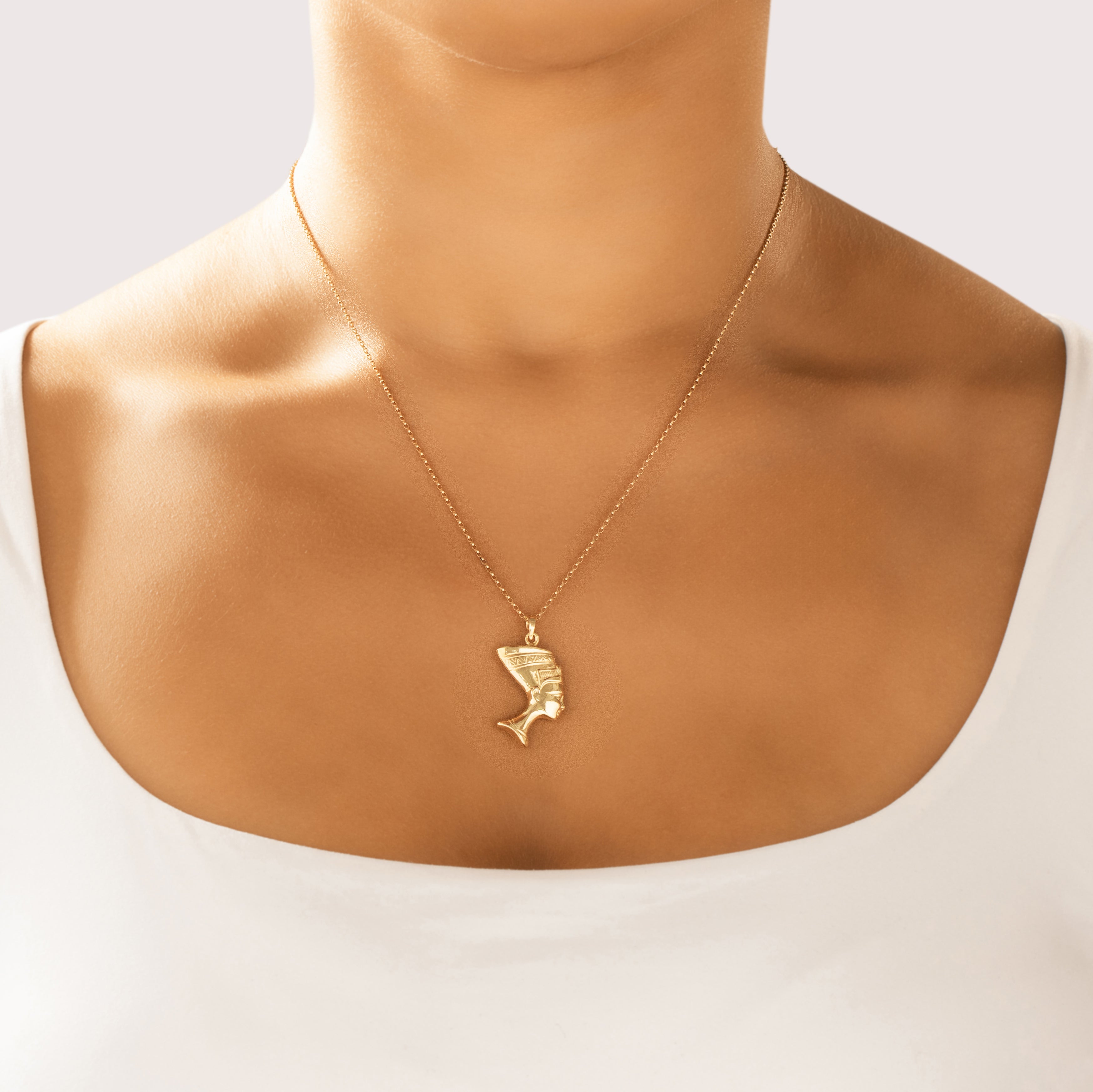 Vintage 14k Yellow Gold Regal Queen Nefertiti Pendant - On model view