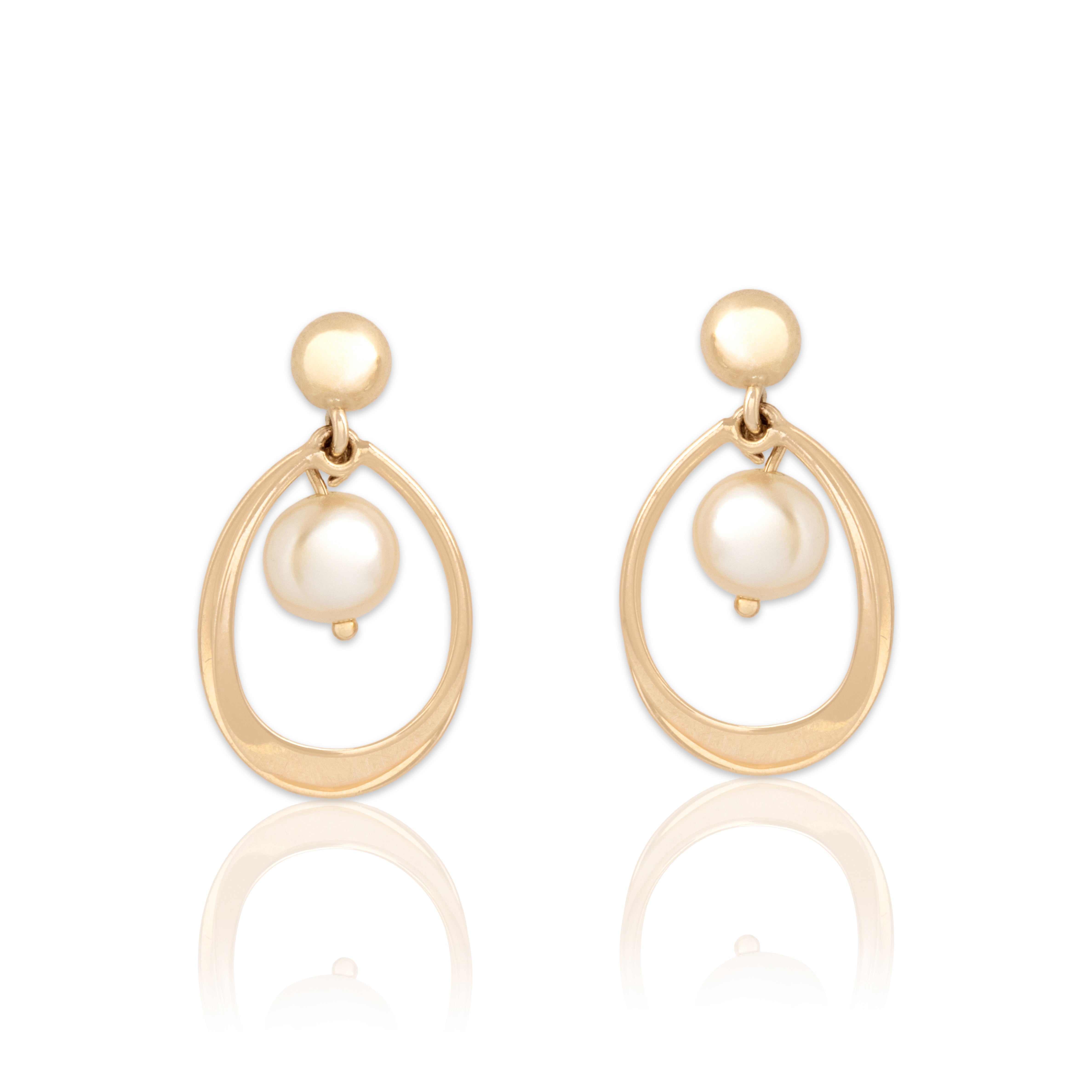 Vintage 14k Yellow Gold Pearl Luminous Curved Loop Dangle Earrings