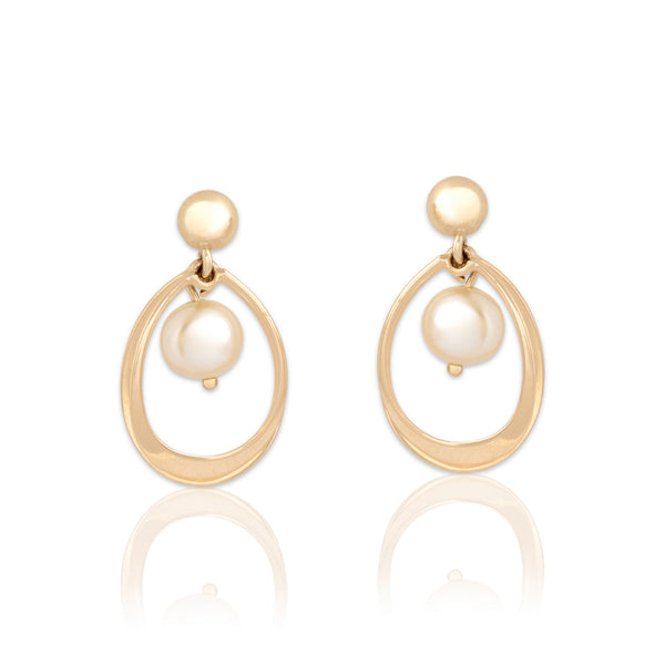 Vintage 14k Yellow Gold Pearl Luminous Curved Loop Dangle Earrings