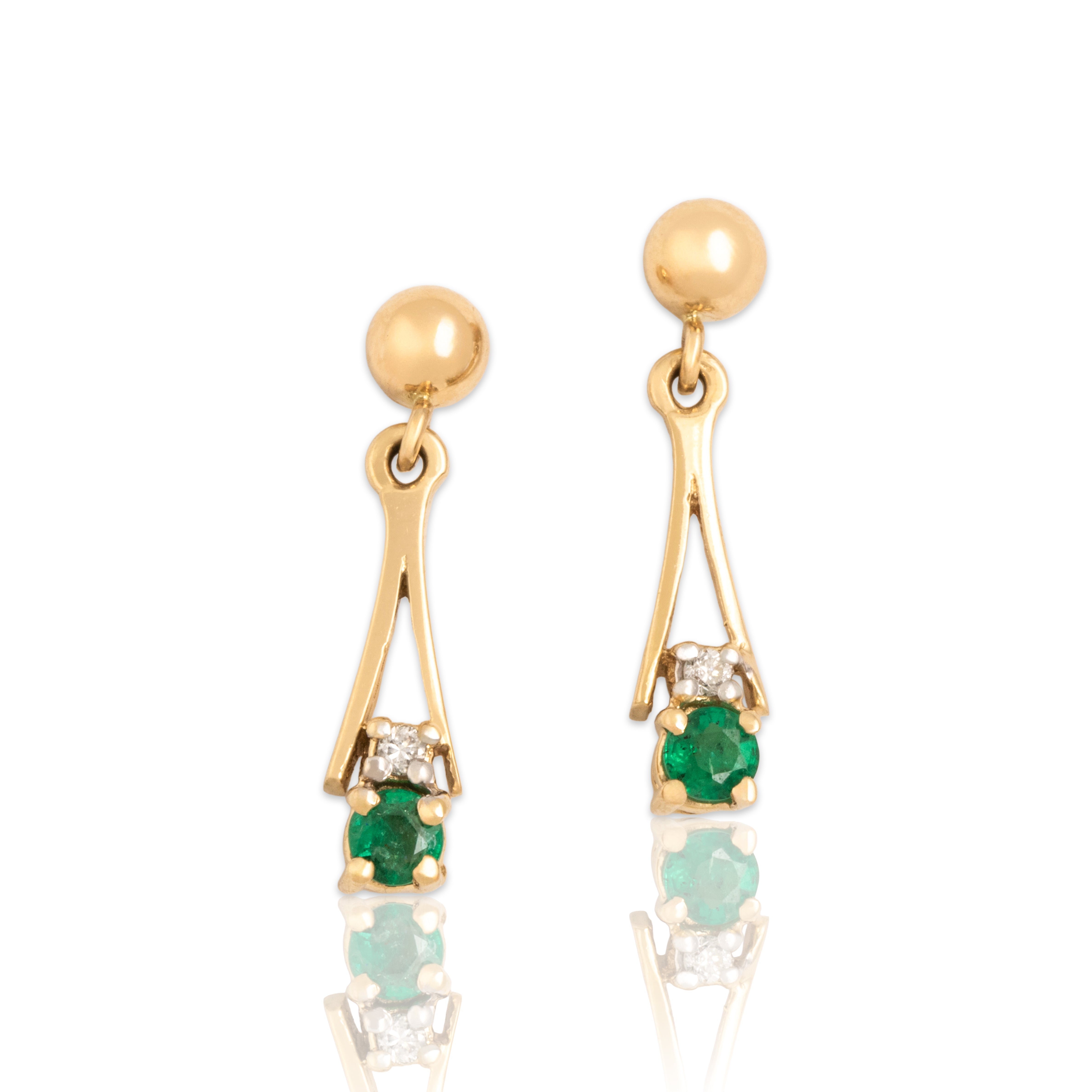 Vintage 14k Yellow Gold Emerald Diamond Delicate Flared Ball Dangle Stud Earrings - Close-up view