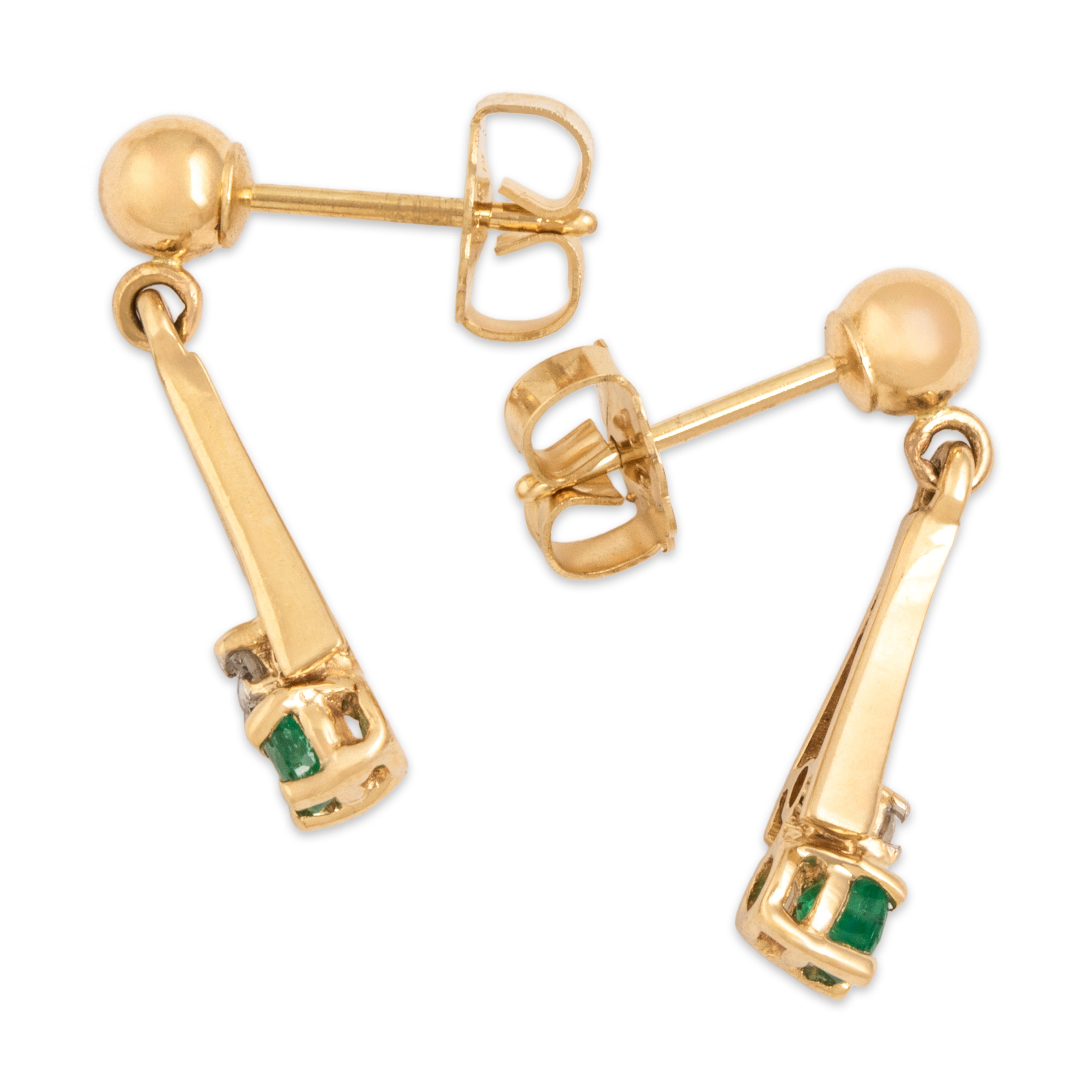 Vintage 14k Yellow Gold Emerald Diamond Delicate Flared Ball Dangle Stud Earrings - Side view