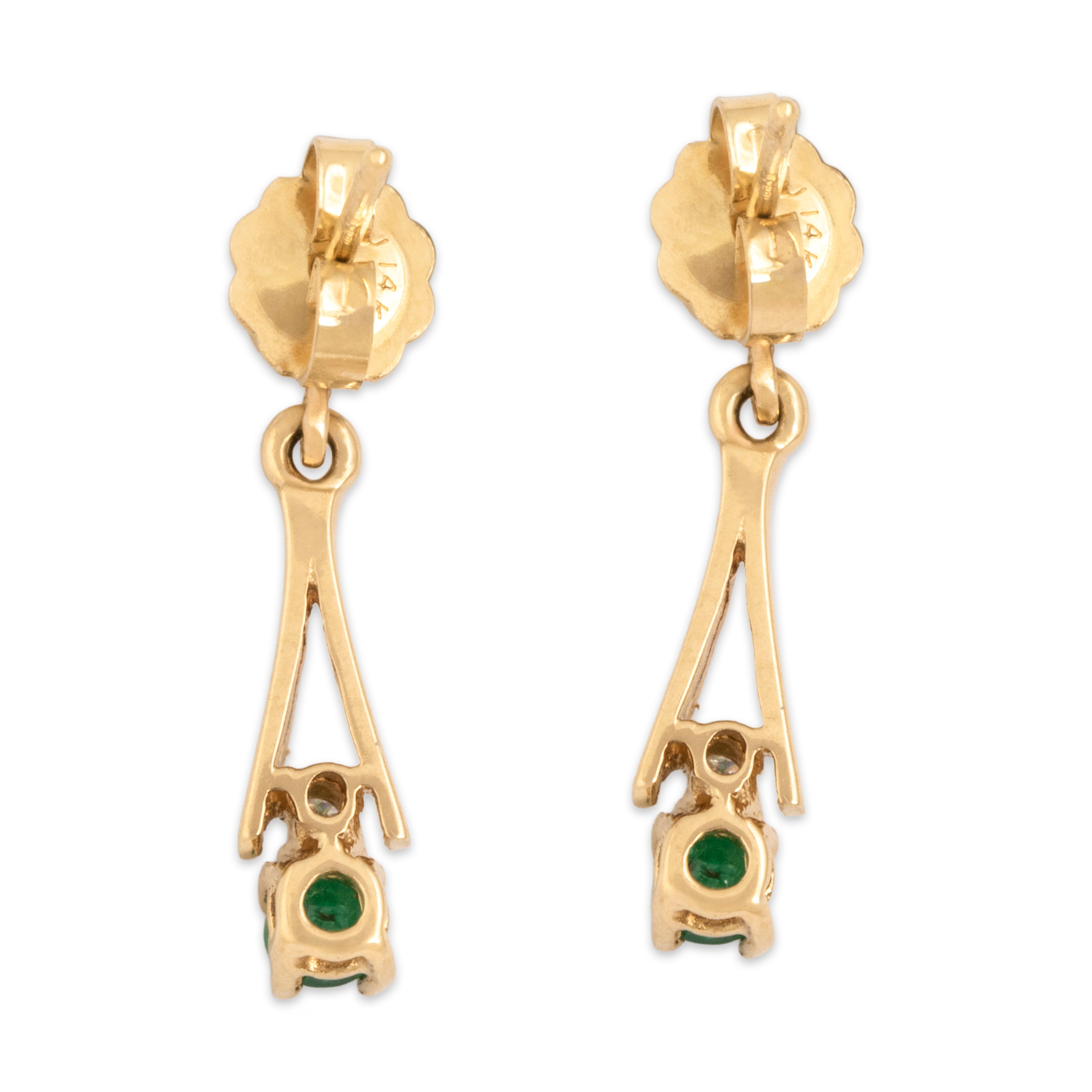 Vintage 14k Yellow Gold Emerald Diamond Delicate Flared Ball Dangle Stud Earrings - Back view
