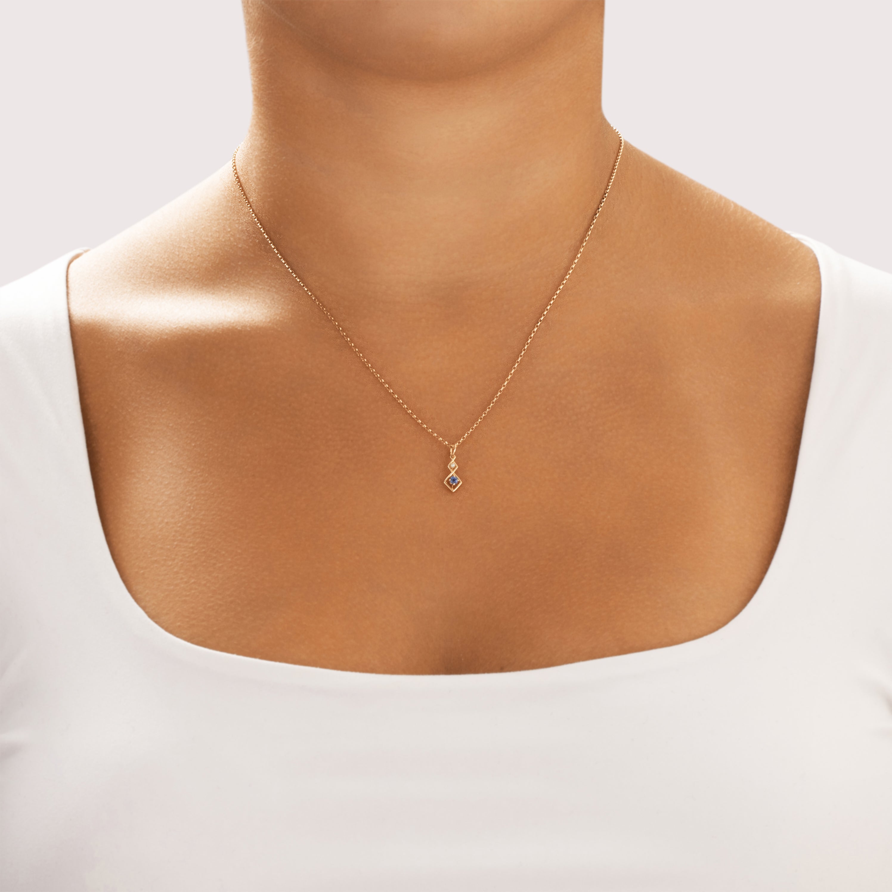 Antique Small 14k Yellow Gold Blue Sapphire Pearl Graduated Geometric Drop Charm / Pendant - On model view