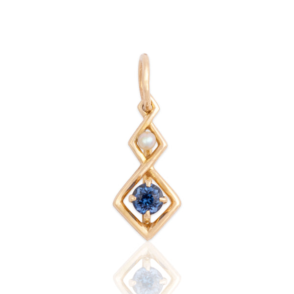 Antique Small 14k Yellow Gold Blue Synthetic Sapphire Pearl Graduated Charm / Pendant