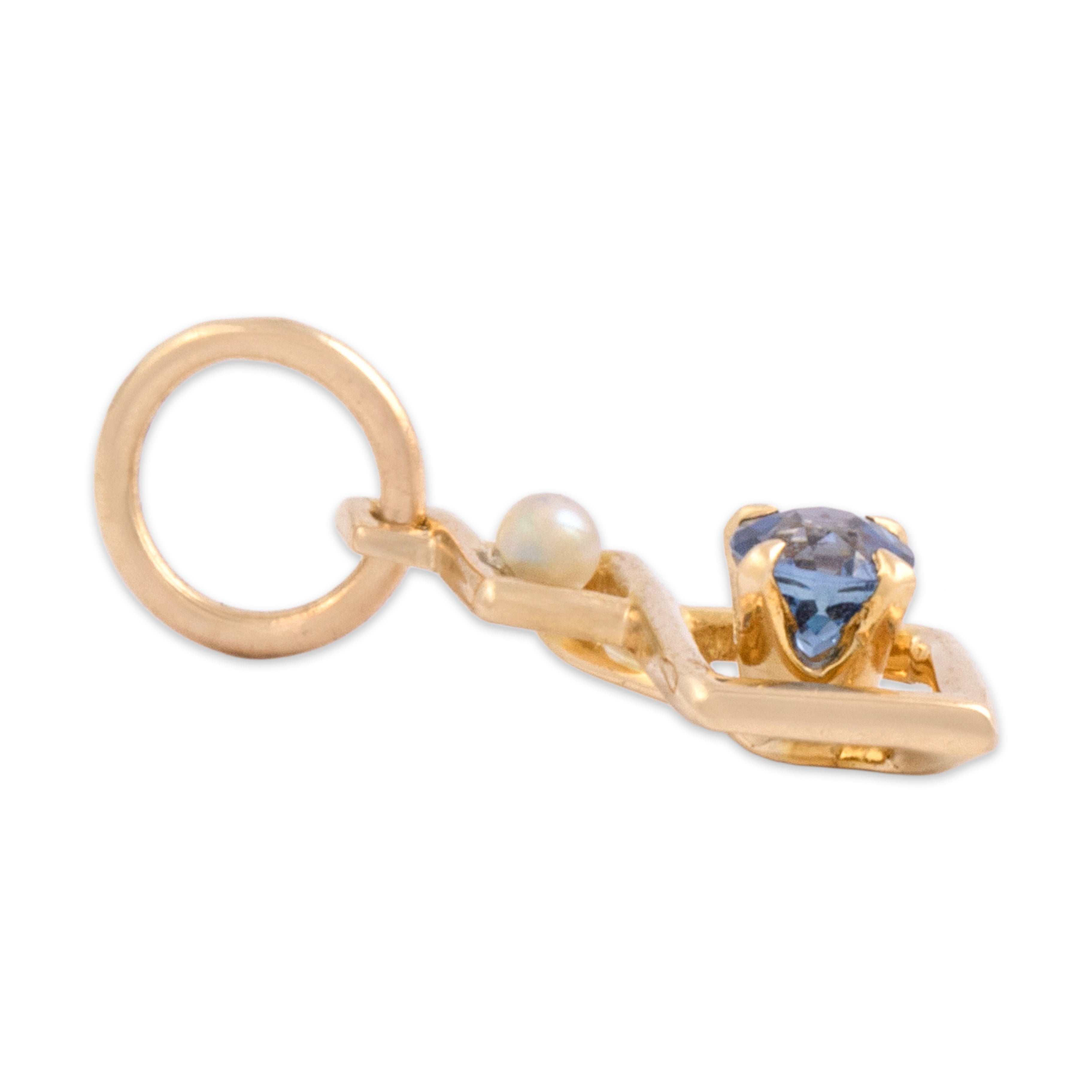 Antique Small 14k Yellow Gold Blue Sapphire Pearl Graduated Geometric Drop Charm / Pendant - Side view