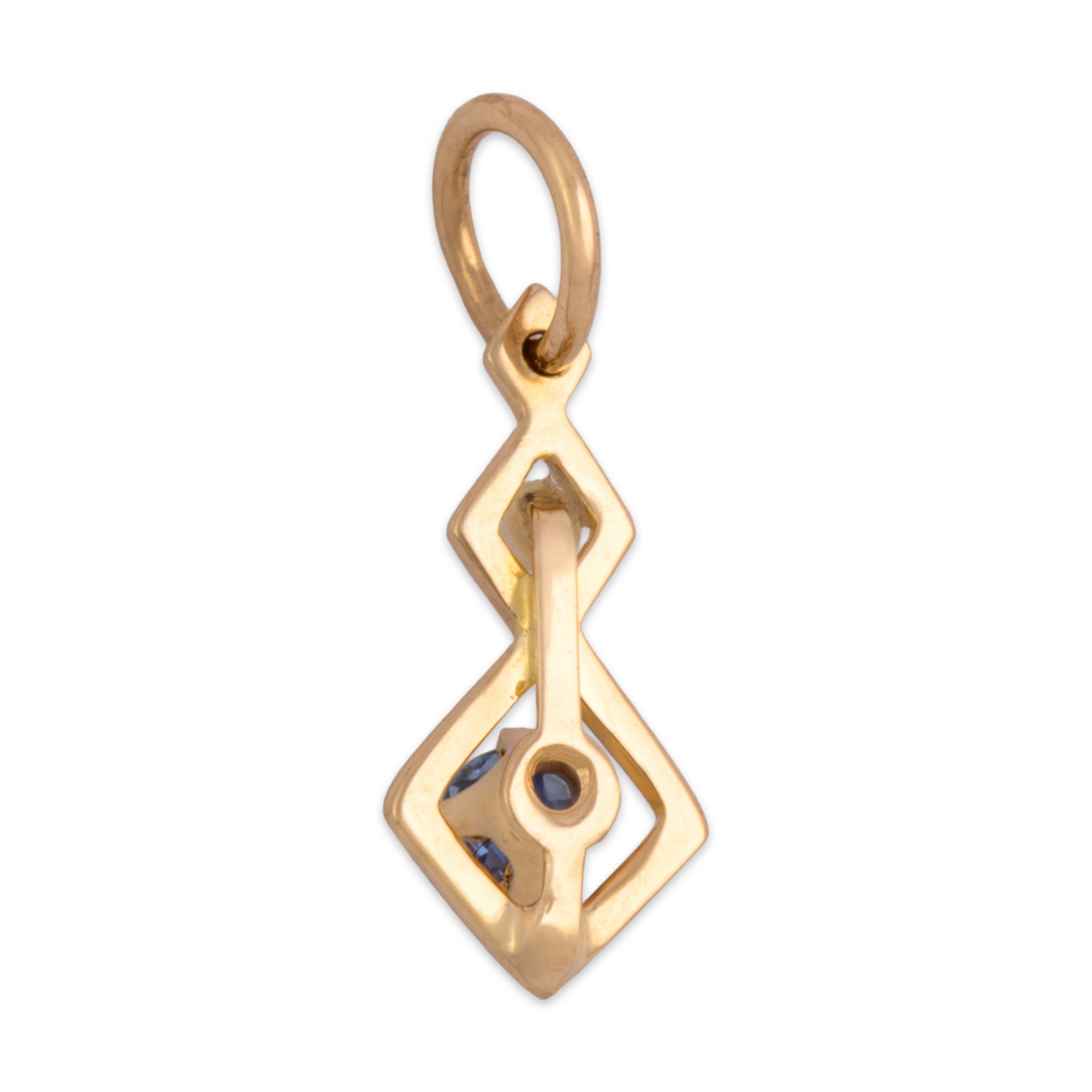 Antique Small 14k Yellow Gold Blue Sapphire Pearl Graduated Geometric Drop Charm / Pendant - Back view