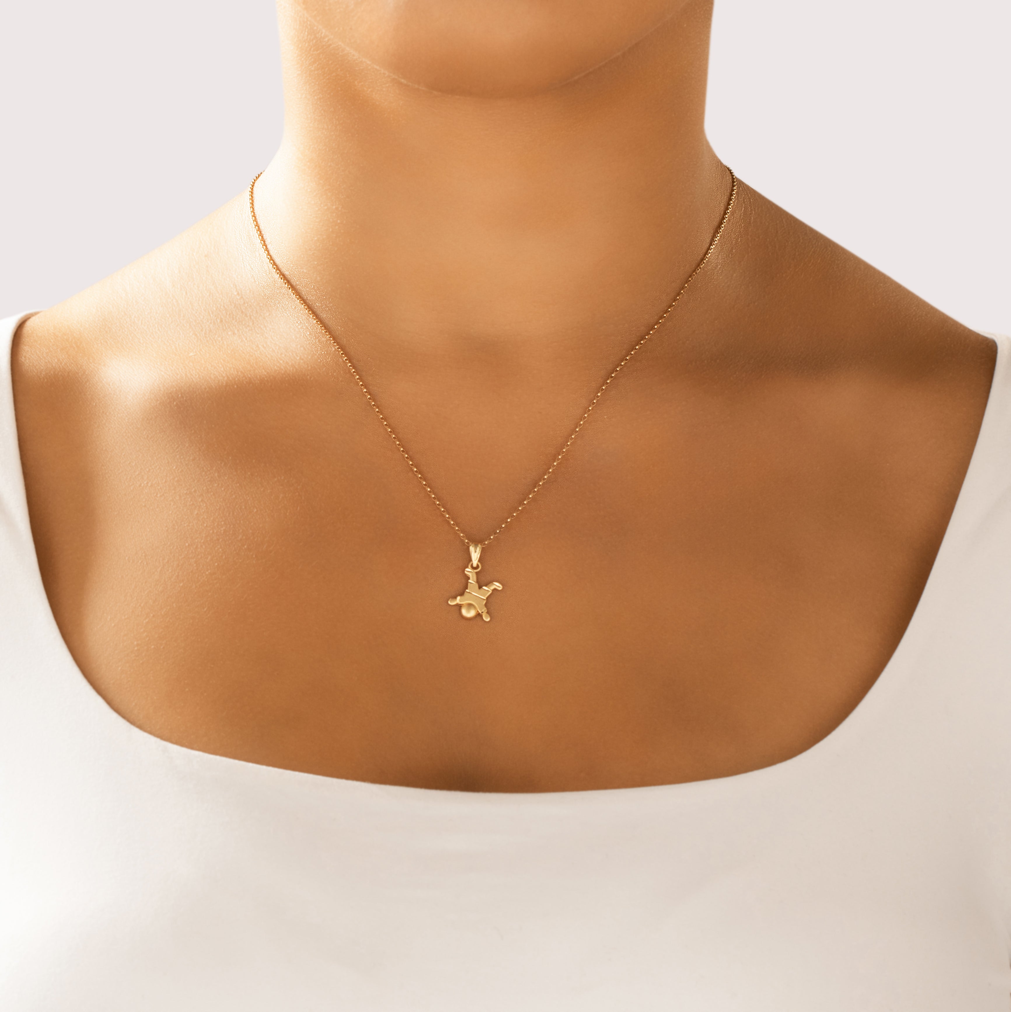 Estate Lightweight 14k Yellow Gold Satin-Finish Cartoon Person Charm / Pendant - On model view