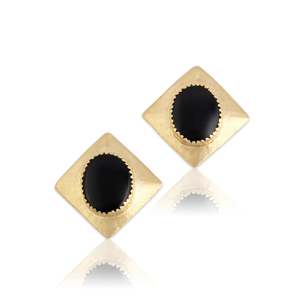Vintage 14k Yellow Gold 1.83cttw Onyx Brushed Kite Cabochon Stud Earrings