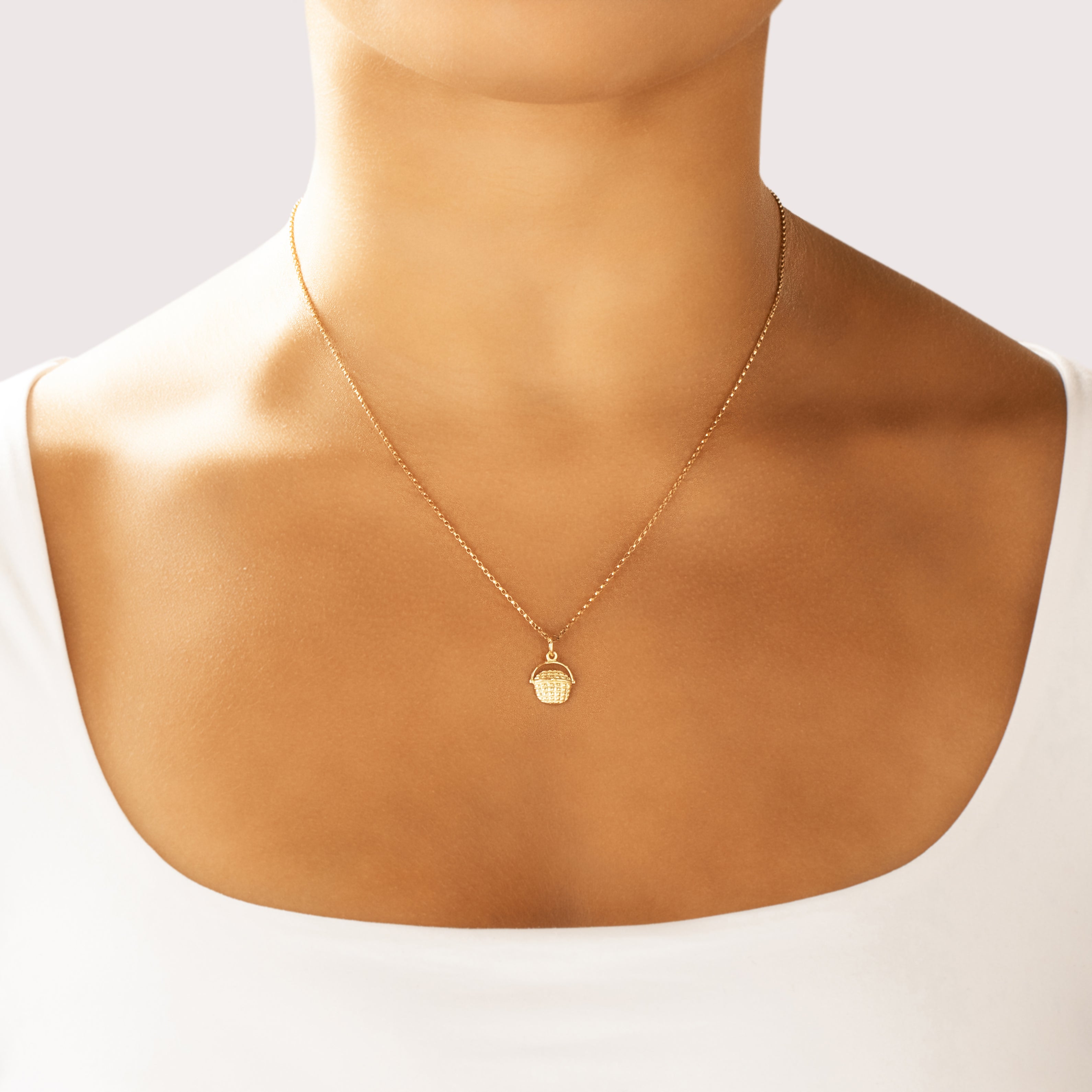 Vintage Small 14k Yellow Gold Nantucket Basket Charm / Pendant - On model view