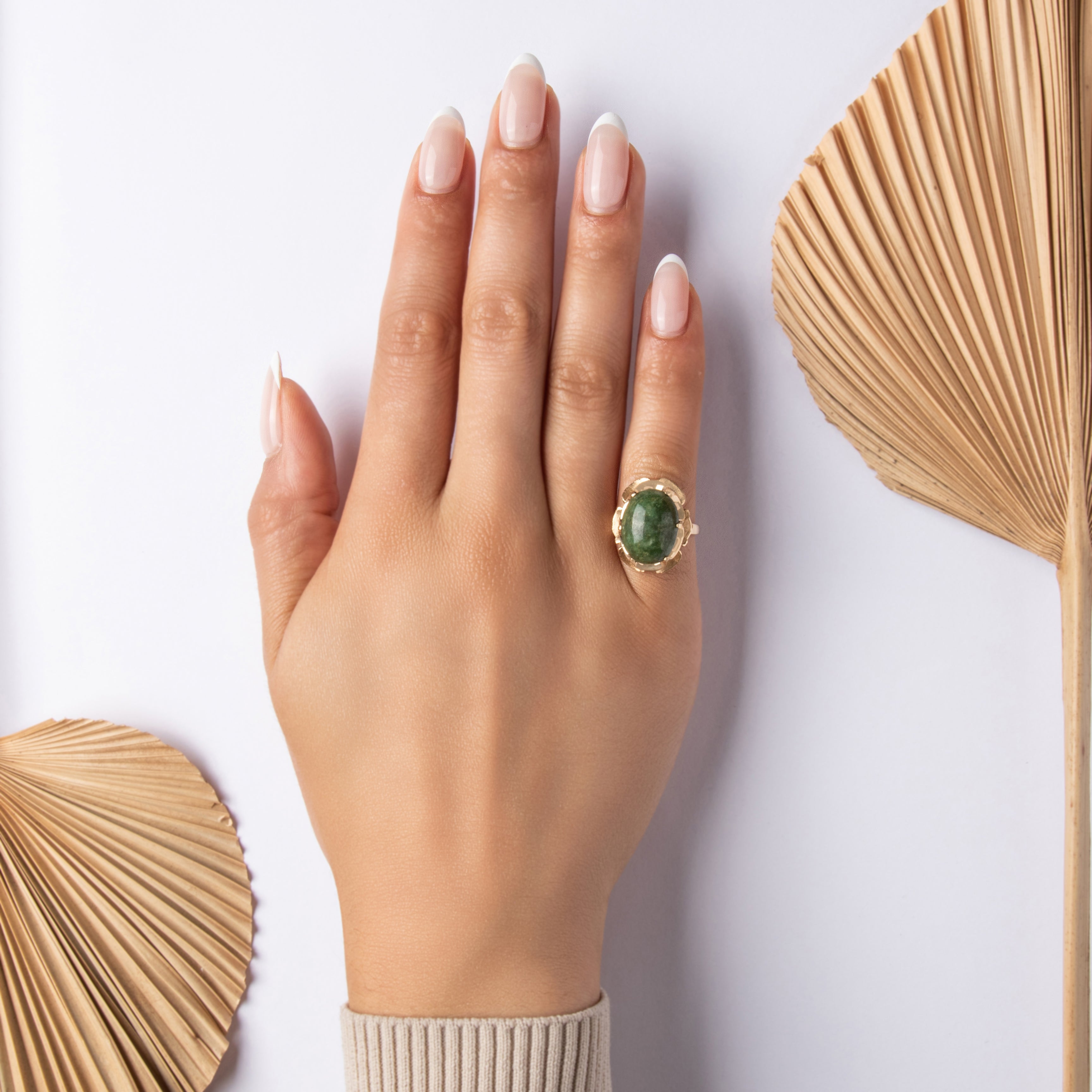 Vintage Large 14k Yellow Gold 8.78ct Spinach Jade Etched Buttercup Ring - On model view