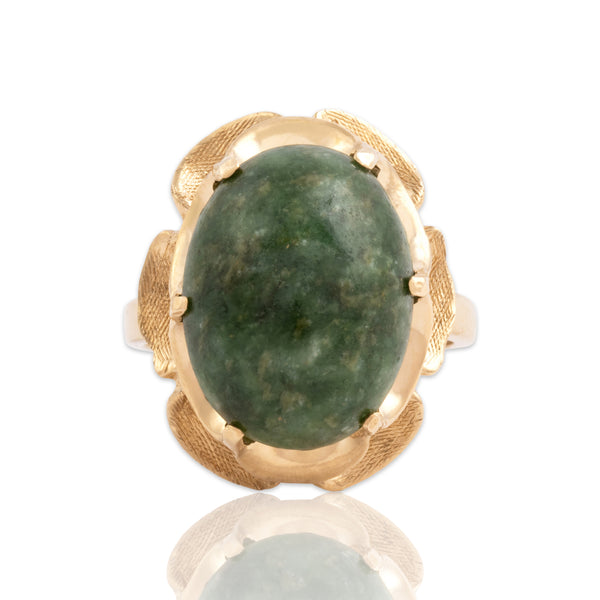 Vintage Large 14k Yellow Gold 8.78ct Spinach Jade Etched Buttercup Ring 5.75