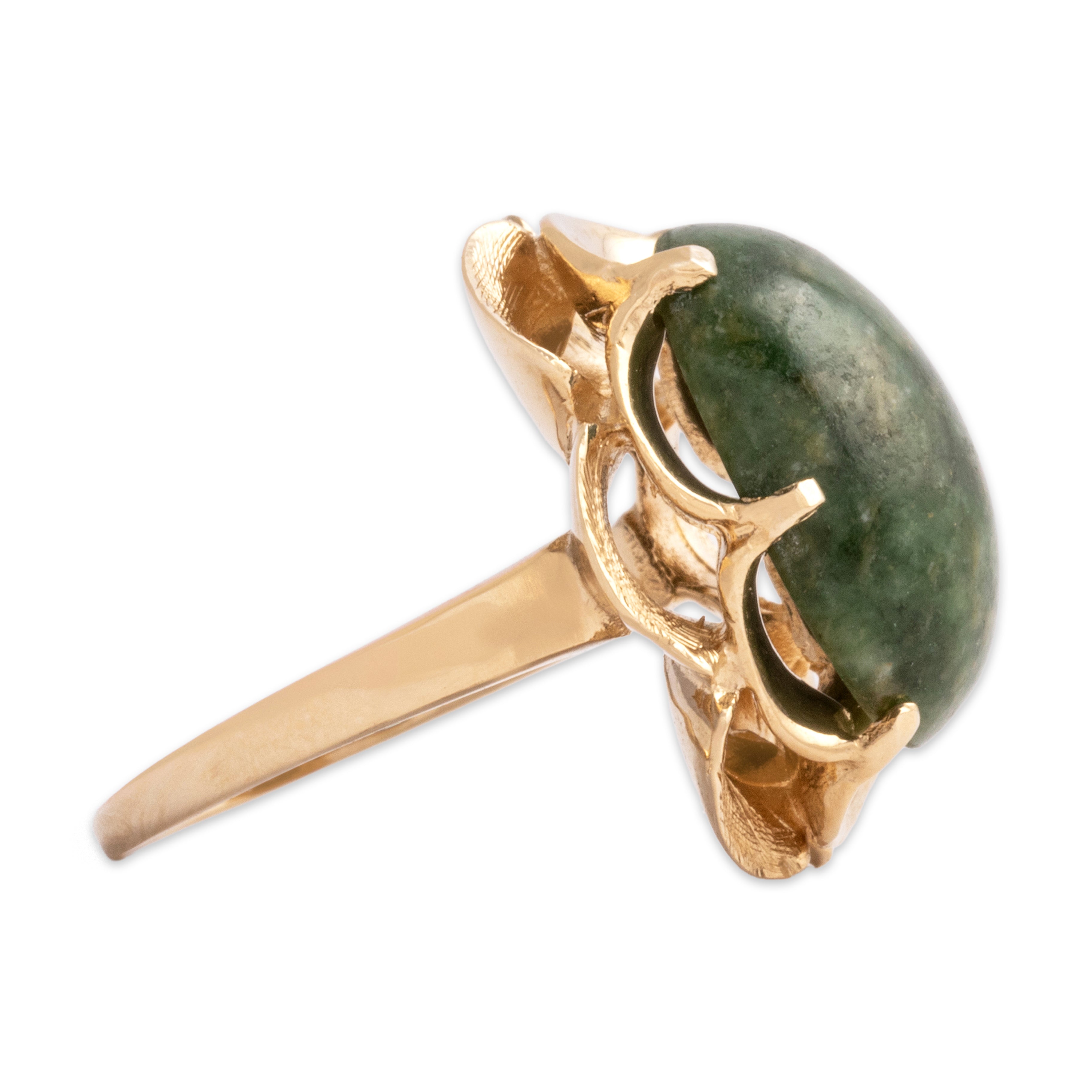 Vintage Large 14k Yellow Gold 8.78ct Spinach Jade Etched Buttercup Ring - Side view