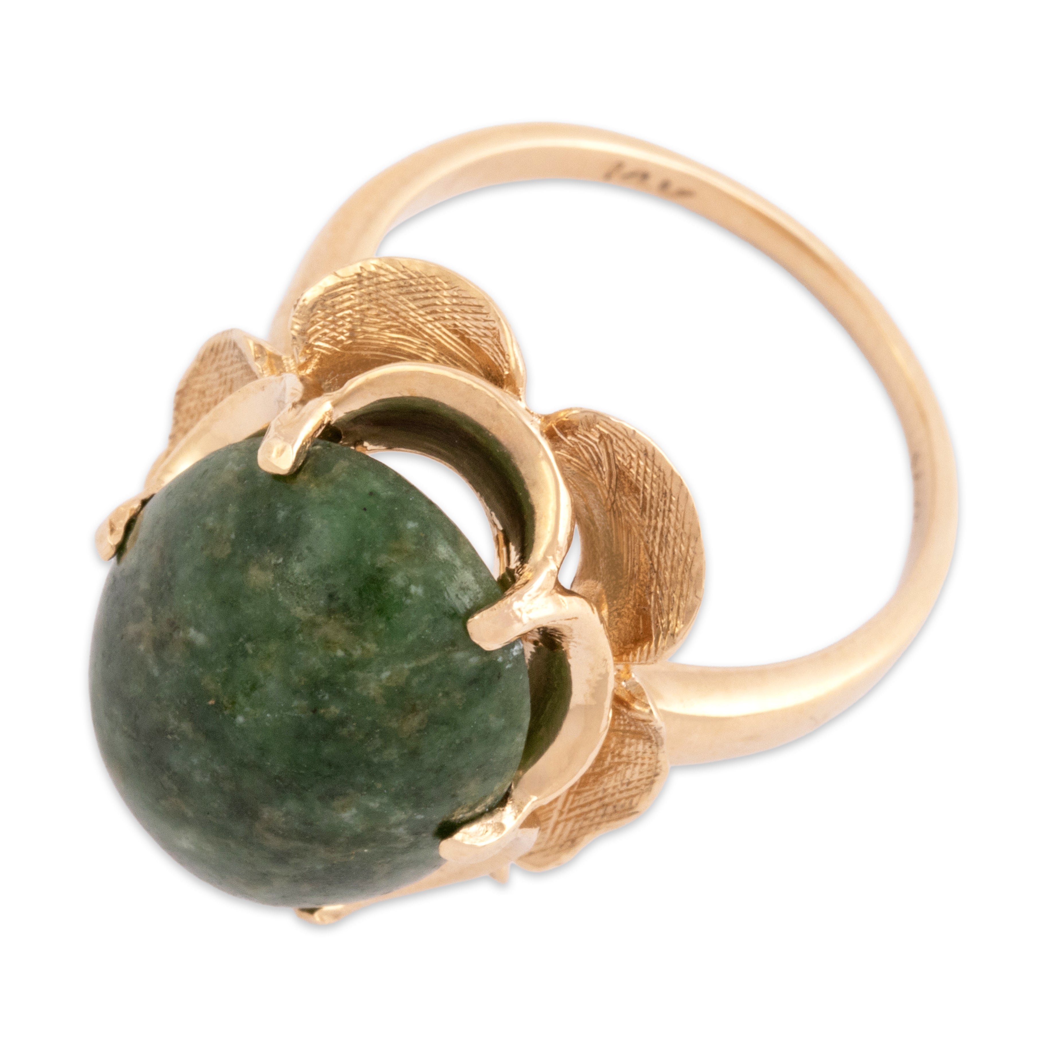 Vintage Large 14k Yellow Gold 8.78ct Spinach Jade Etched Buttercup Ring - Overall view