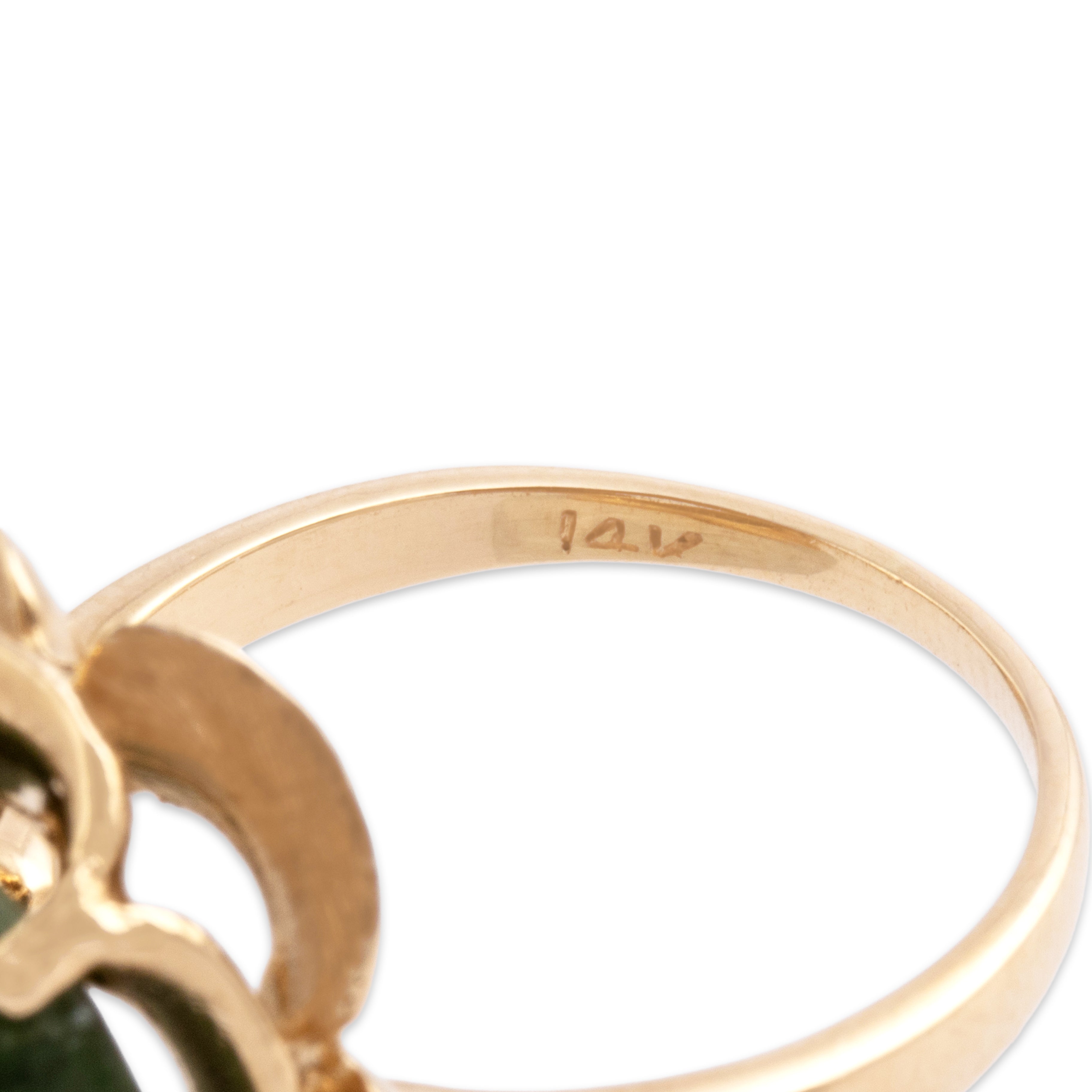 Vintage Large 14k Yellow Gold 8.78ct Spinach Jade Etched Buttercup Ring - Hallmark view