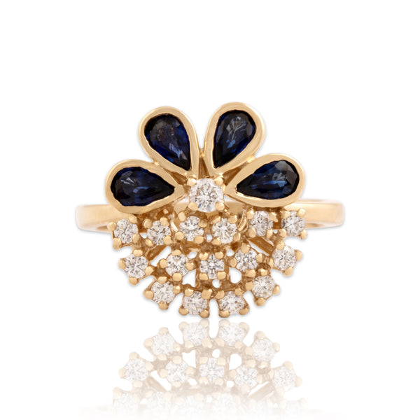 Vintage 14k Yellow Gold .84cttw Blue Sapphire Diamond Multi-Cut Bezel Ring 7.00
