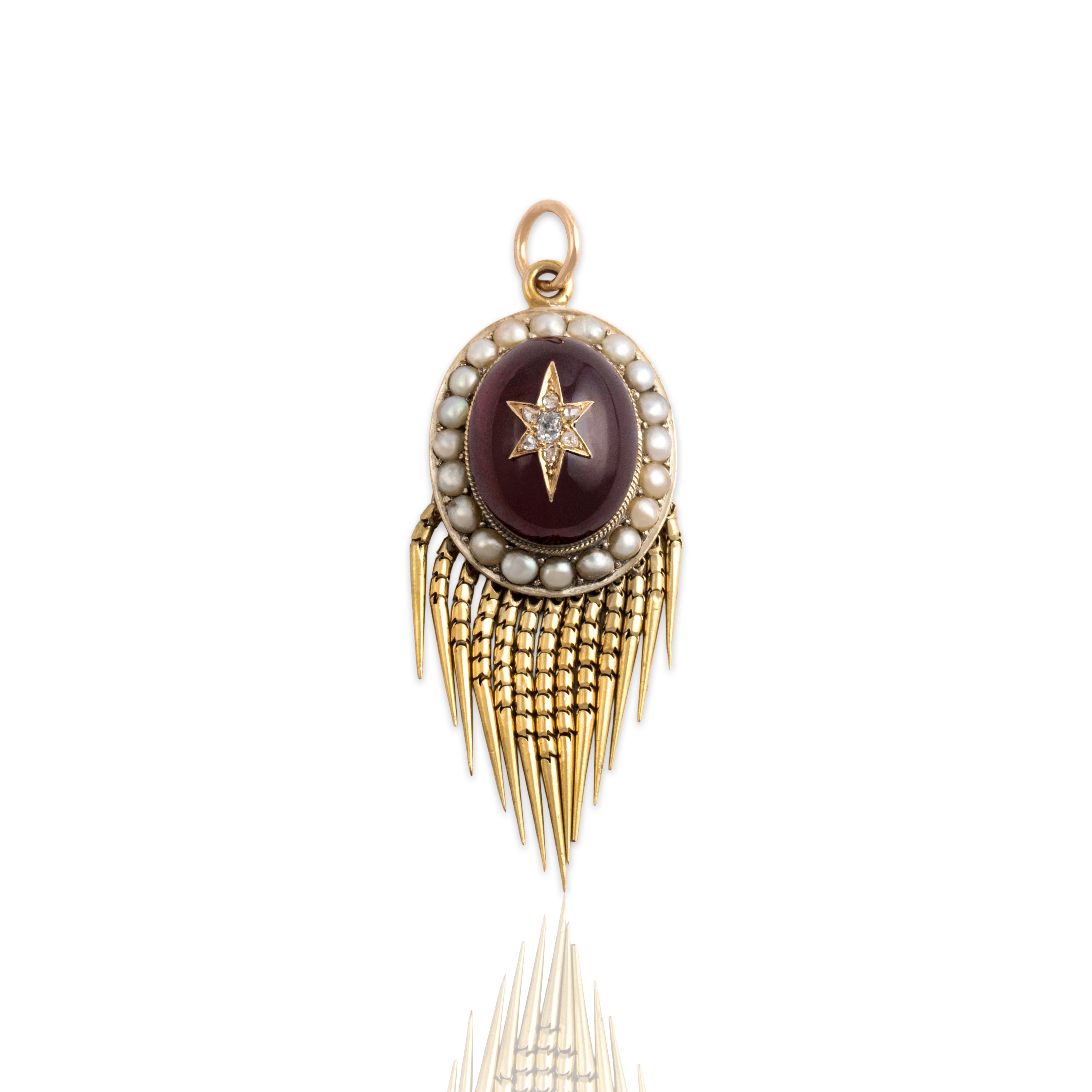 Antique Victorian 14k Yellow Gold 11.57ct Garnet Old Mine Diamond Pearl Pendant