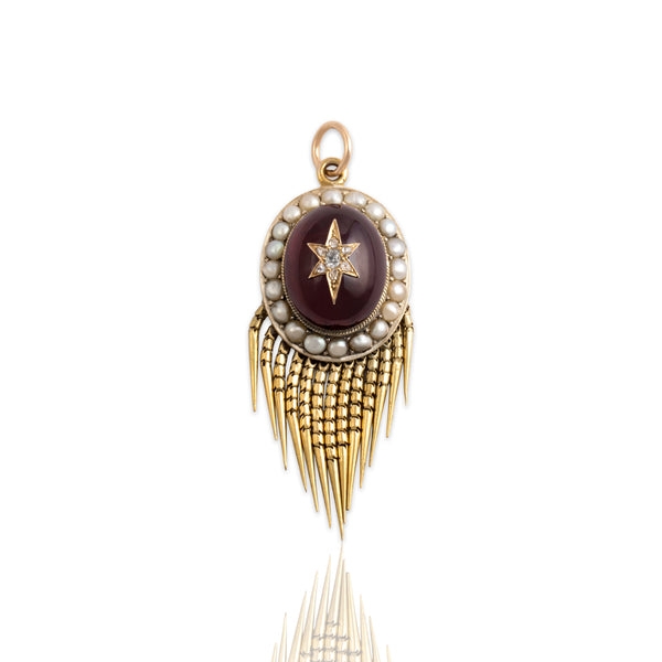 Antique Victorian 14k Yellow Gold 11.57ct Garnet Old Mine Diamond Pearl Pendant