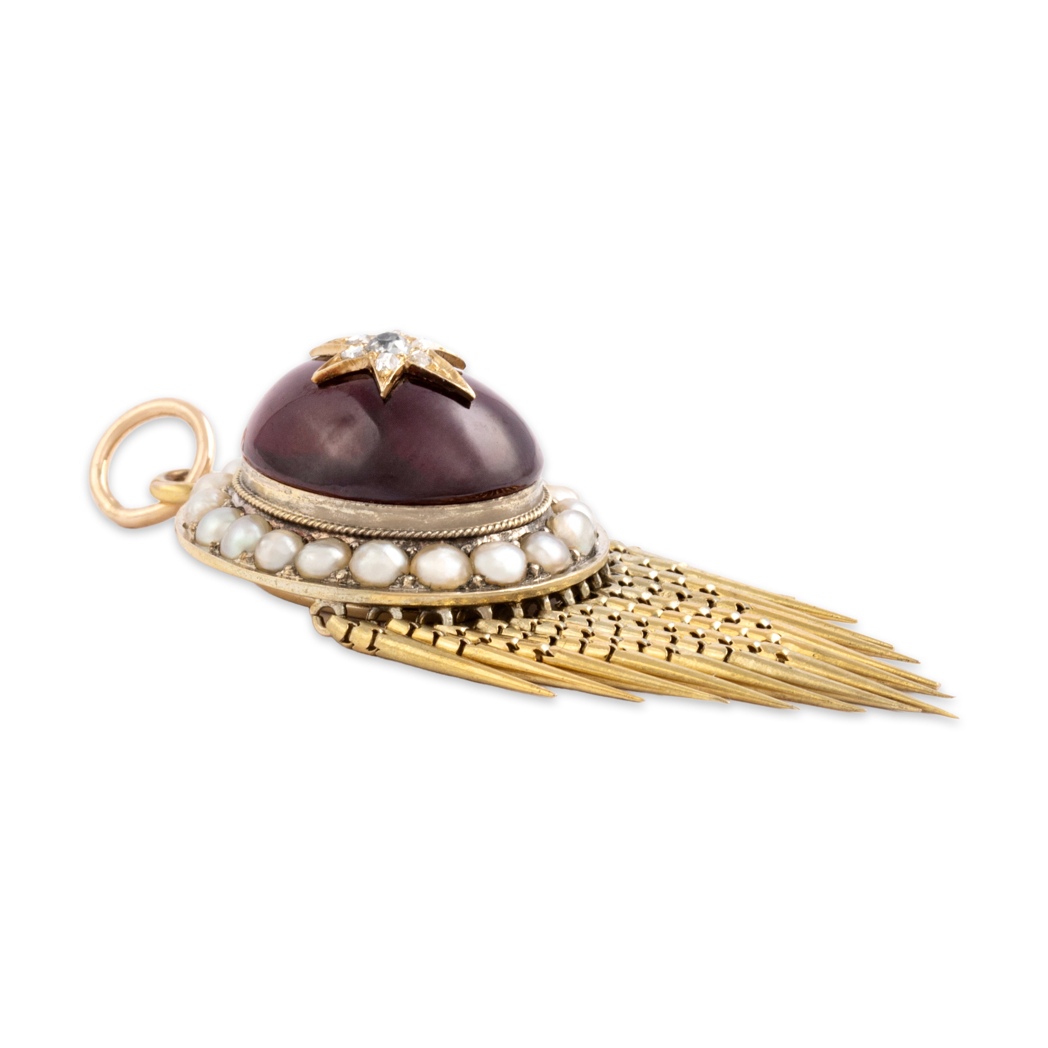 Antique Victorian 14k Yellow Gold 11.57ct Garnet Old Mine Diamond Pearl Pendant