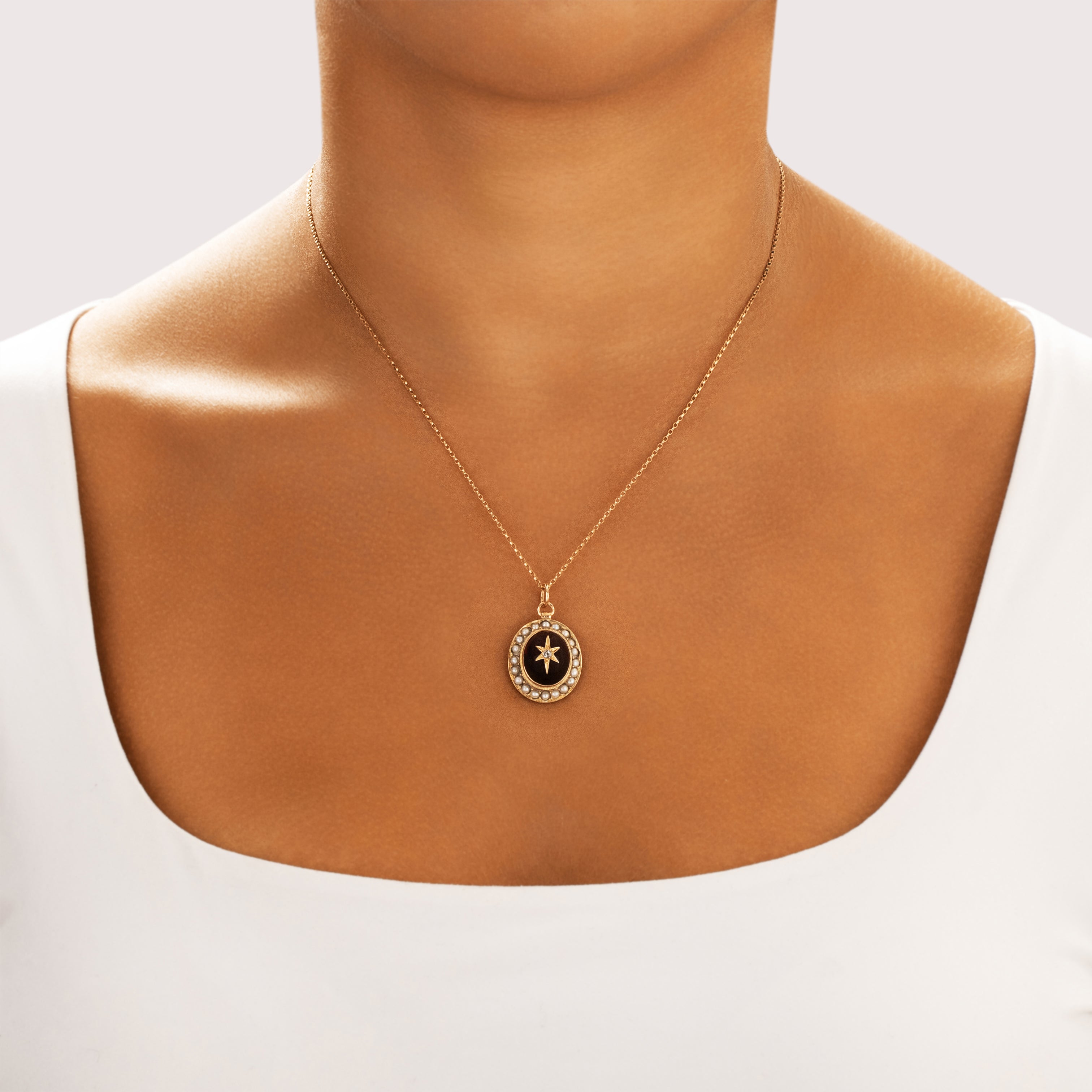 Antique Victorian 14k Yellow Gold 9.38ct Foil-Backed Garnet Old Mine Cut Diamond Pearl Luminous Star-Set Dome Charm / Pendant - On model view
