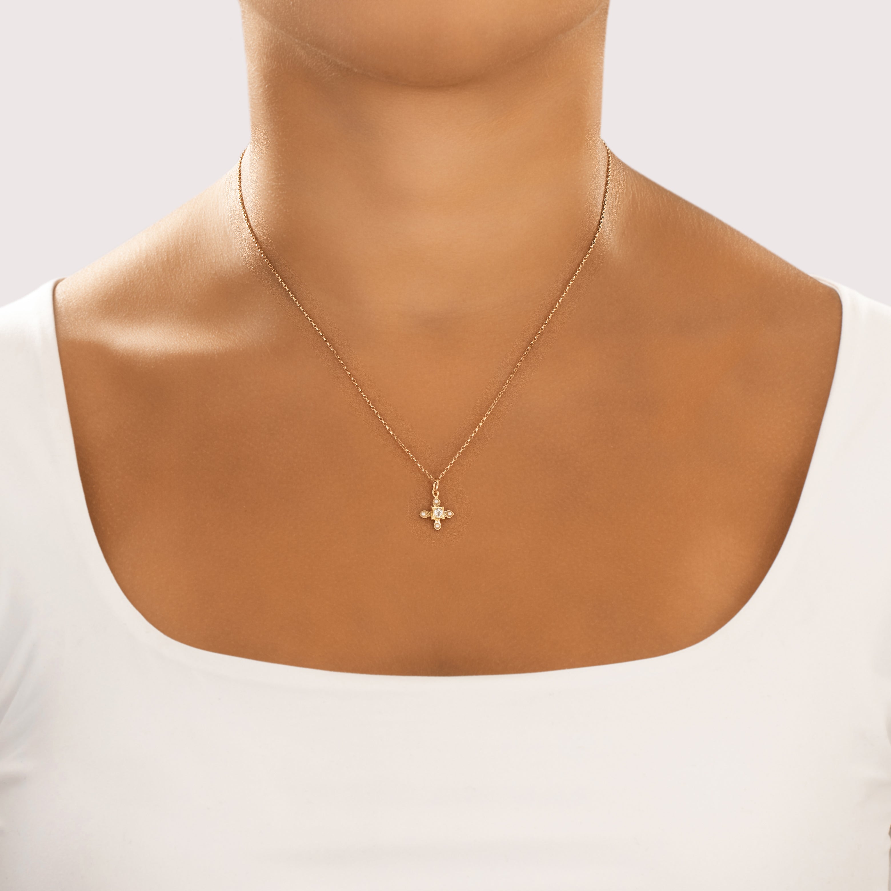 Antique Victorian Small 14k Yellow Gold Old Mine Cut Diamond Pearl Dynamic Quatrefoil Charm / Pendant - On model view
