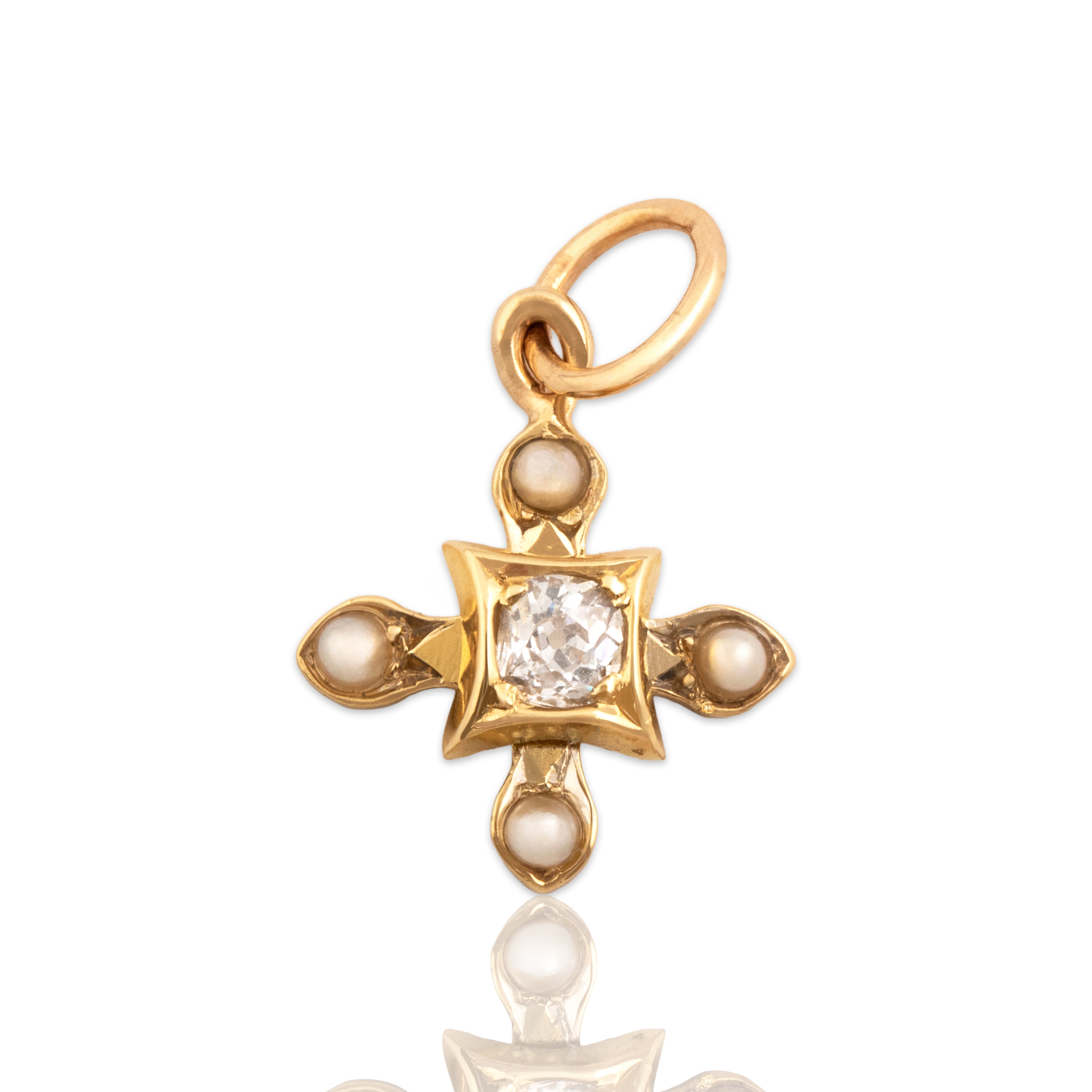 Antique Victorian Small 14k Yellow Gold Old Mine Cut Diamond Pearl Dynamic Quatrefoil Charm / Pendant - Close-up view