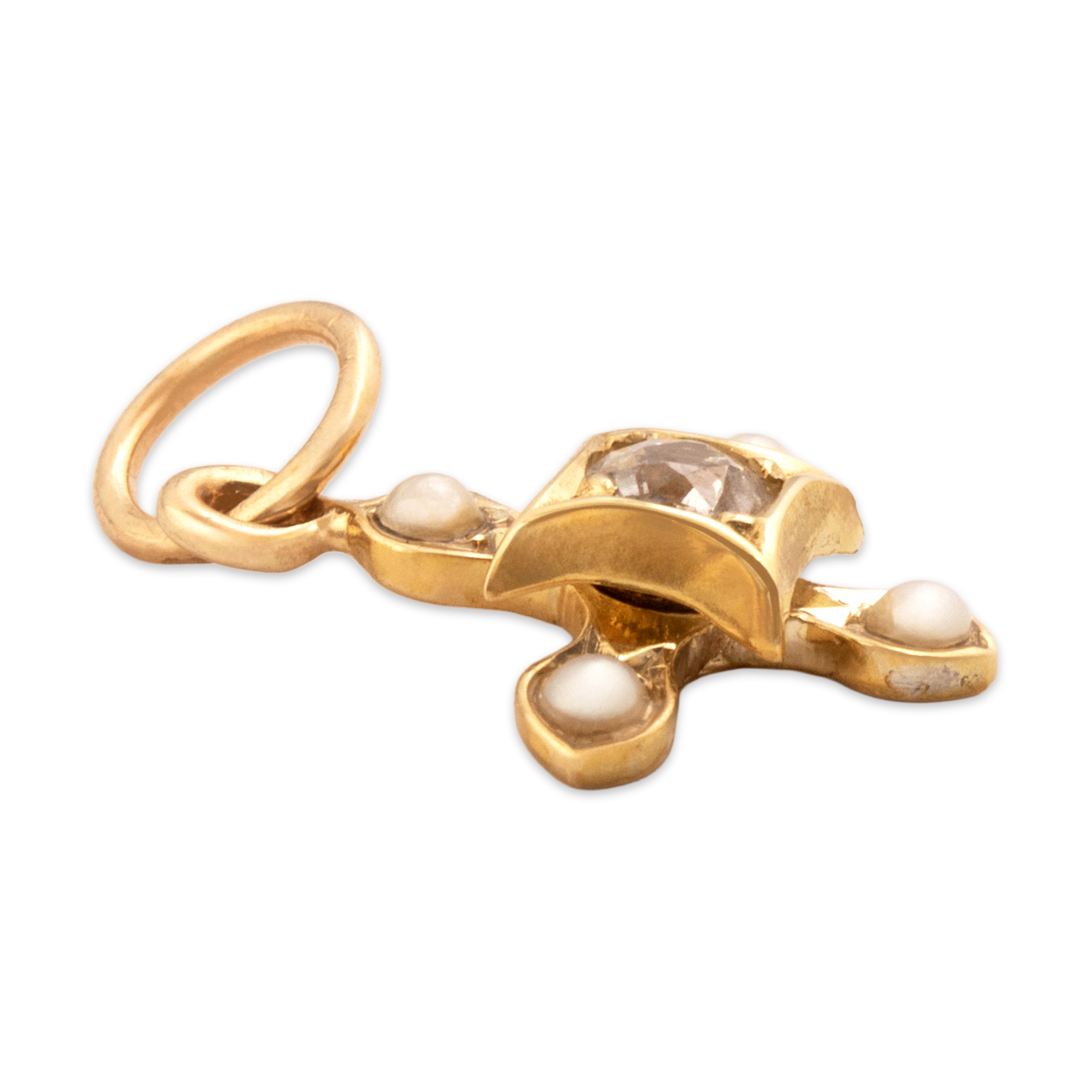 Antique Victorian Small 14k Yellow Gold Old Mine Cut Diamond Pearl Dynamic Quatrefoil Charm / Pendant - Side view