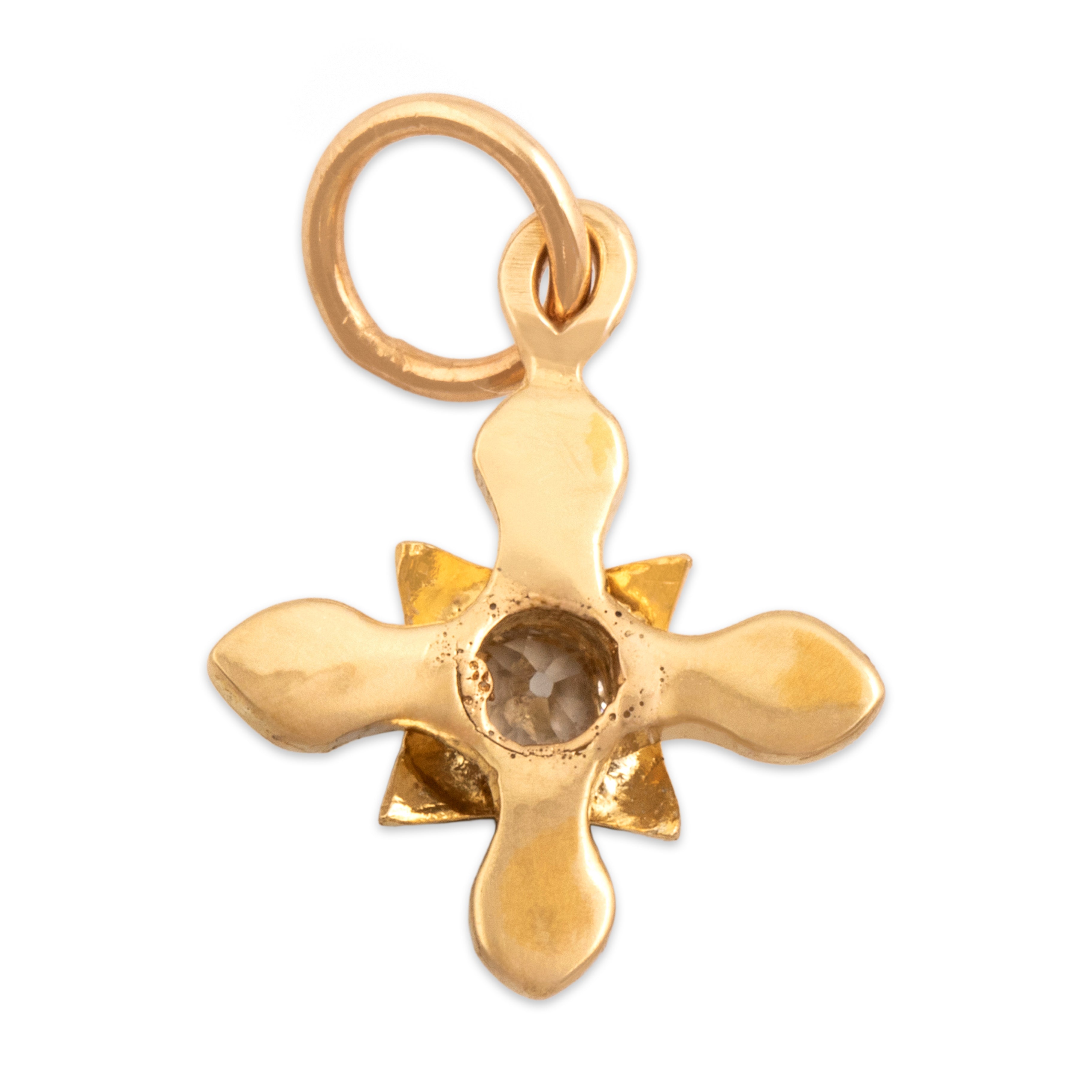 Antique Victorian Small 14k Yellow Gold Old Mine Cut Diamond Pearl Dynamic Quatrefoil Charm / Pendant - Back view