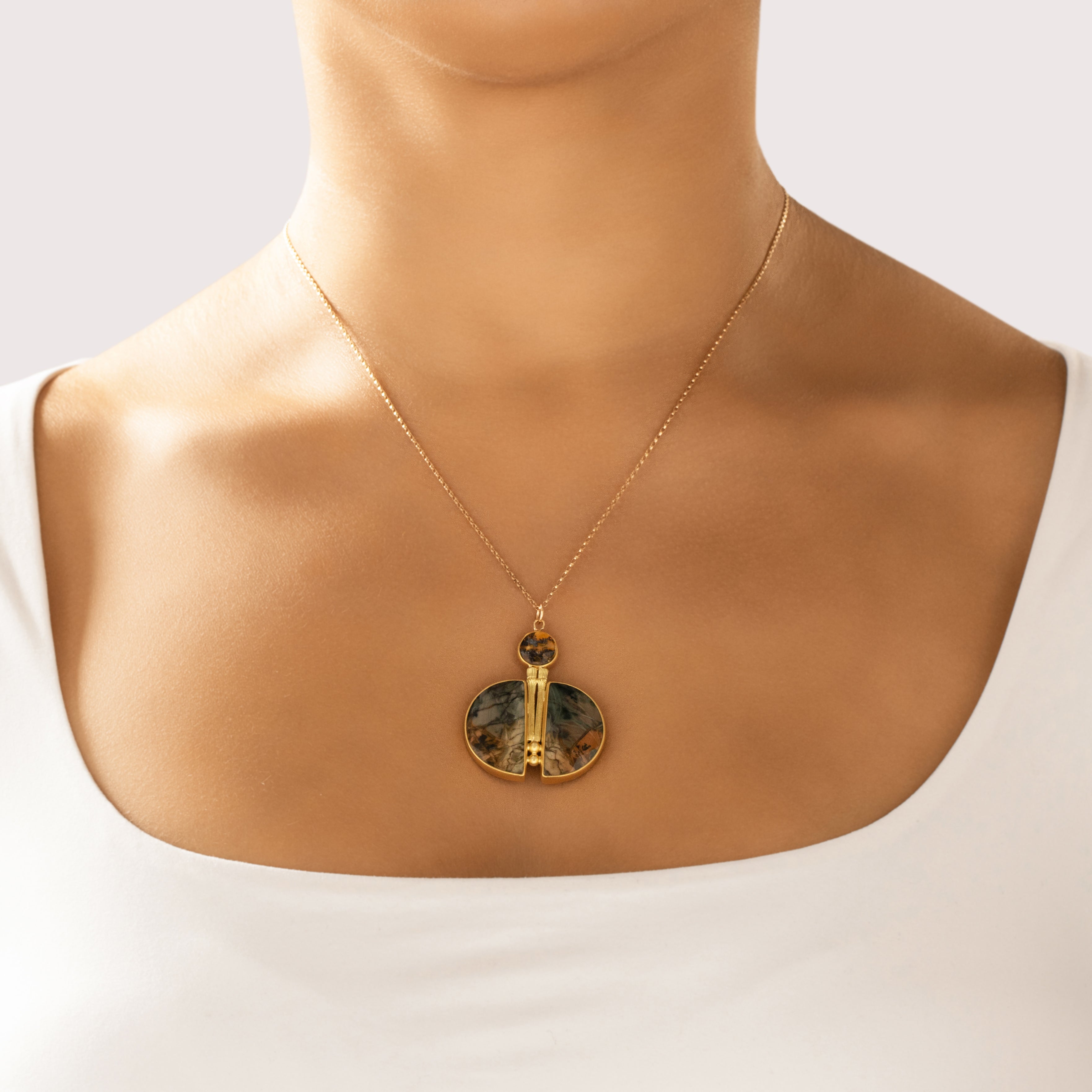 Vintage 14k & 22k Yellow Gold Green-Orange Jasper Orange Moss Agate Striking Artistic Bamboo Detail Pendant - On model view