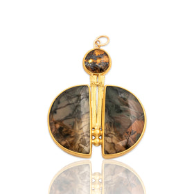Vintage Large 14k & 22k Yellow Gold Jasper Moss Agate Artistic Geometric Pendant