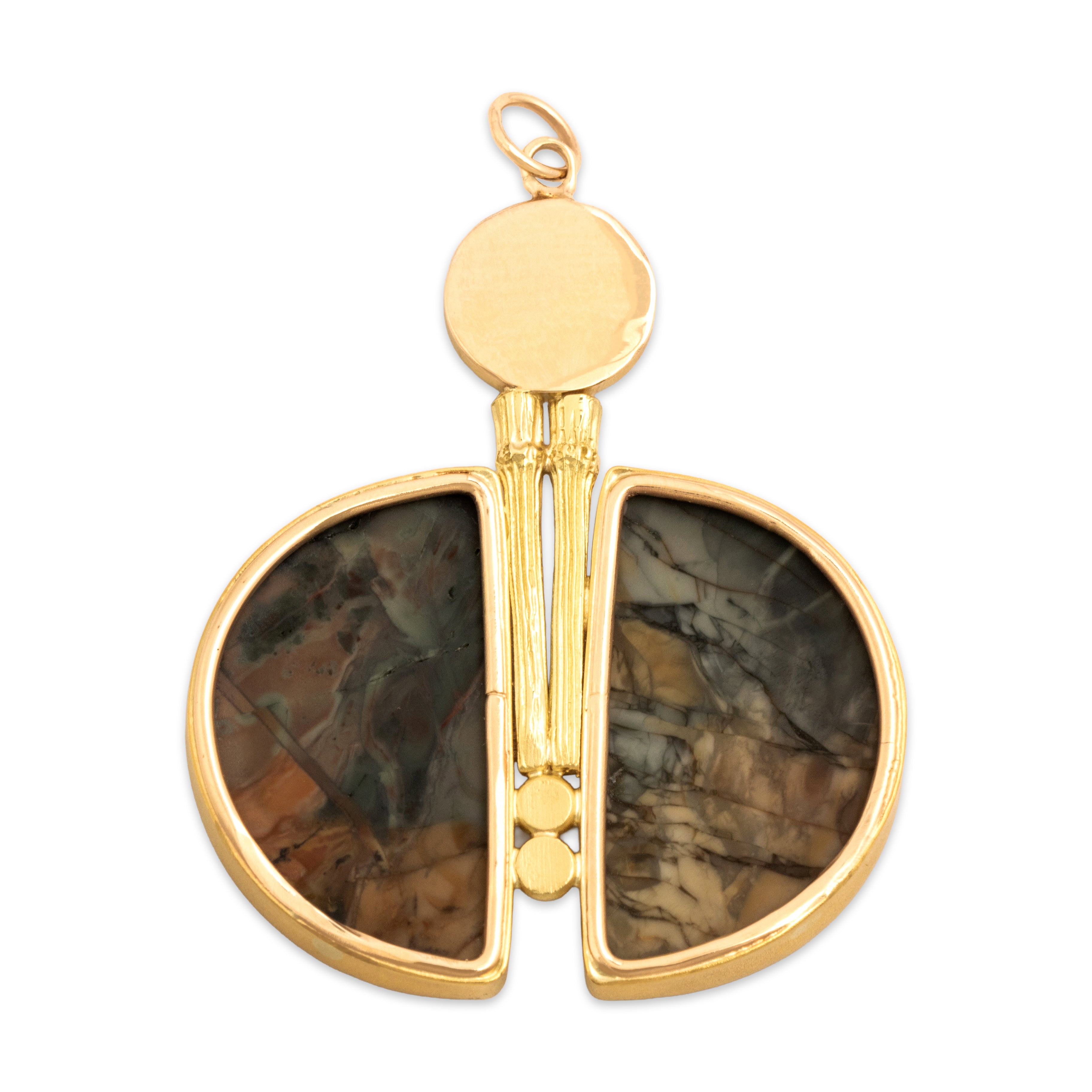Vintage 14k & 22k Yellow Gold Green-Orange Jasper Orange Moss Agate Striking Artistic Bamboo Detail Pendant - Back view