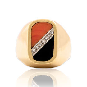 Vintage Heavy 14k Yellow Gold Diamond Onyx Coral Geometric Inlay Ring 8.00