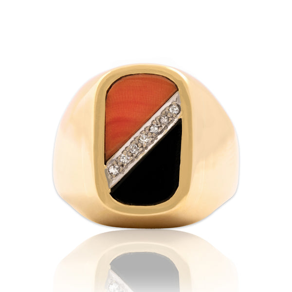 Vintage Heavy 14k Yellow Gold Diamond Onyx Coral Geometric Inlay Ring 8.00