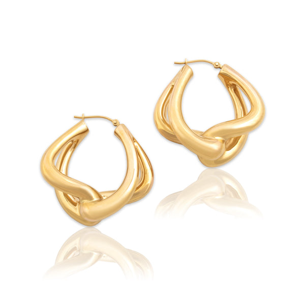 Vintage Large 14k Yellow Gold Gleaming Interlocking Wavy Loop Hoop Earrings