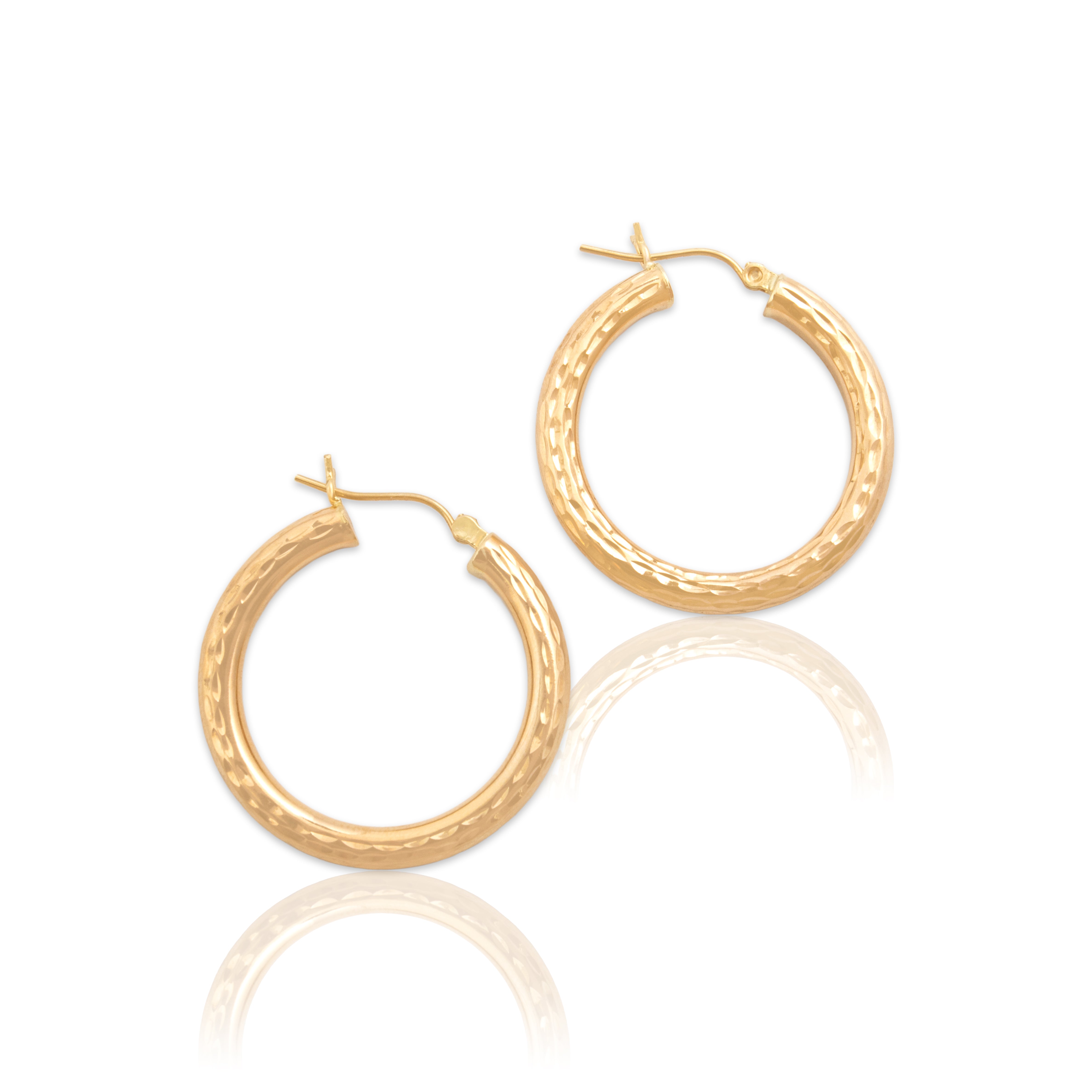 Vintage Lightweight 14k Yellow Gold Etched Texture Hoop Earrings - Close-up view