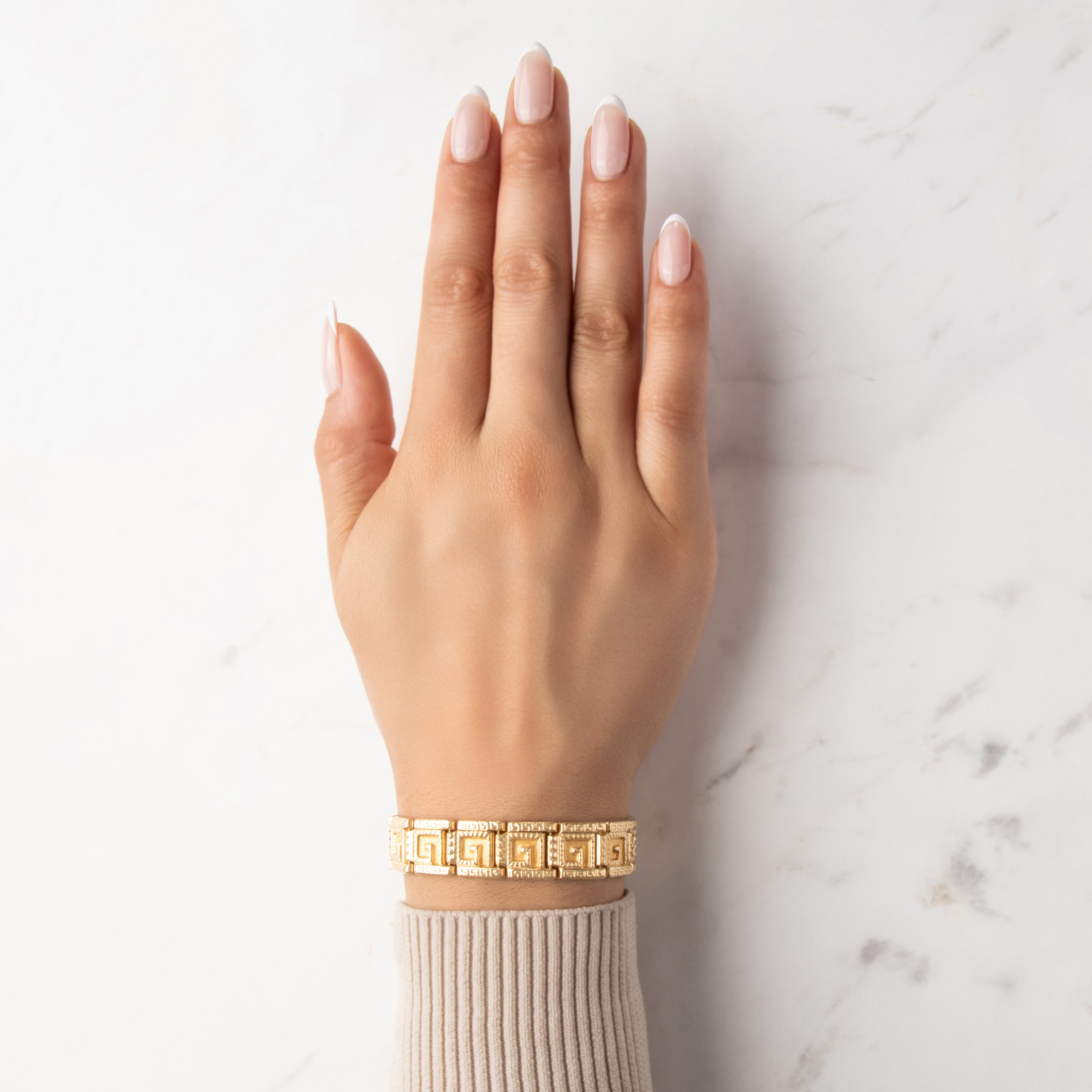 Vintage 14k Yellow Gold Fantastic Textured Meander Link Bracelet - On model view