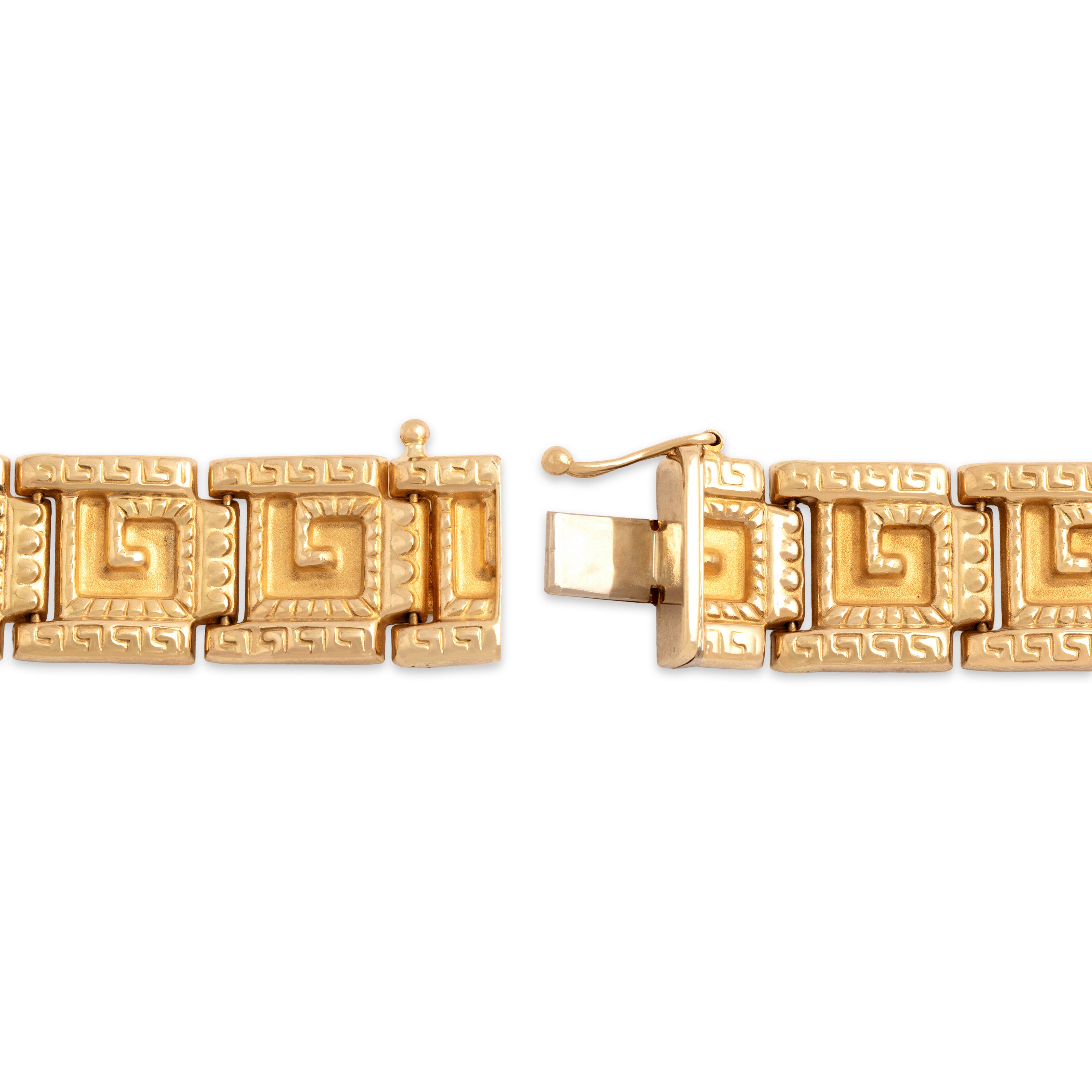 Vintage 14k Yellow Gold Fantastic Textured Meander Link Bracelet - clasp view