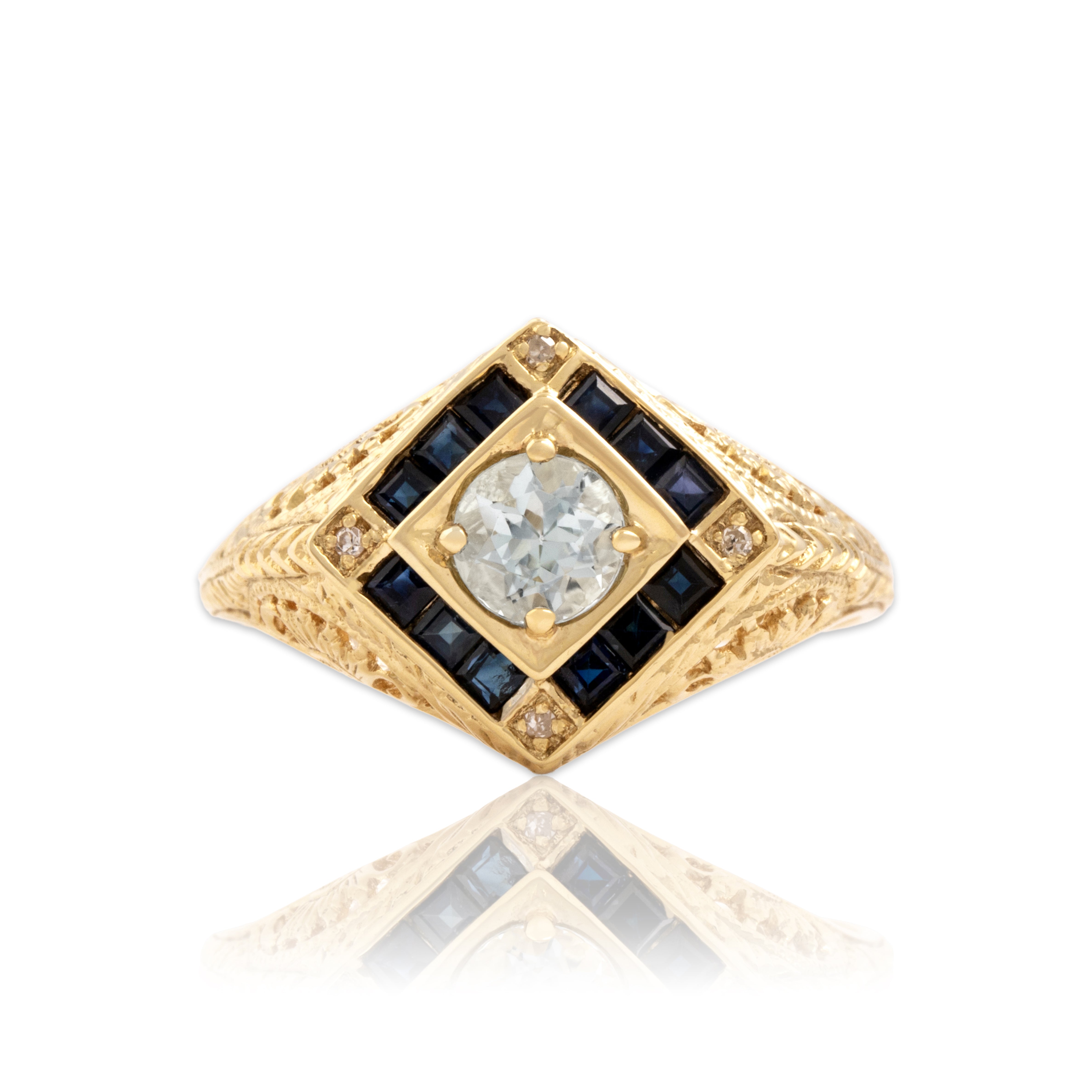 Vintage 14k Yellow Gold Aquamarine Blue Sapphire Diamond Openwork Ring 9.00