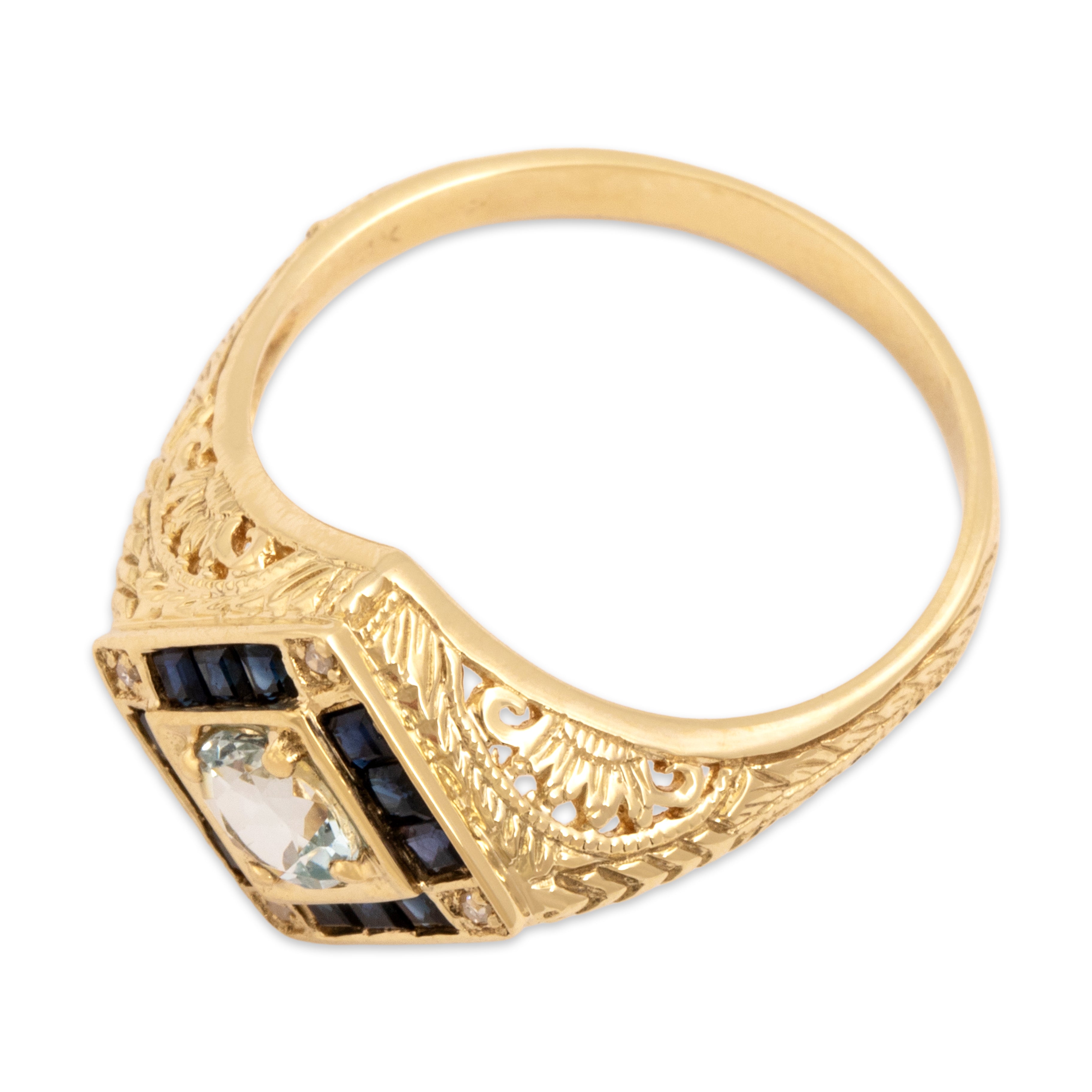 Vintage 14k Yellow Gold Aquamarine Blue Sapphire Diamond Glittering Geometric Border Openwork Ring - Overall view