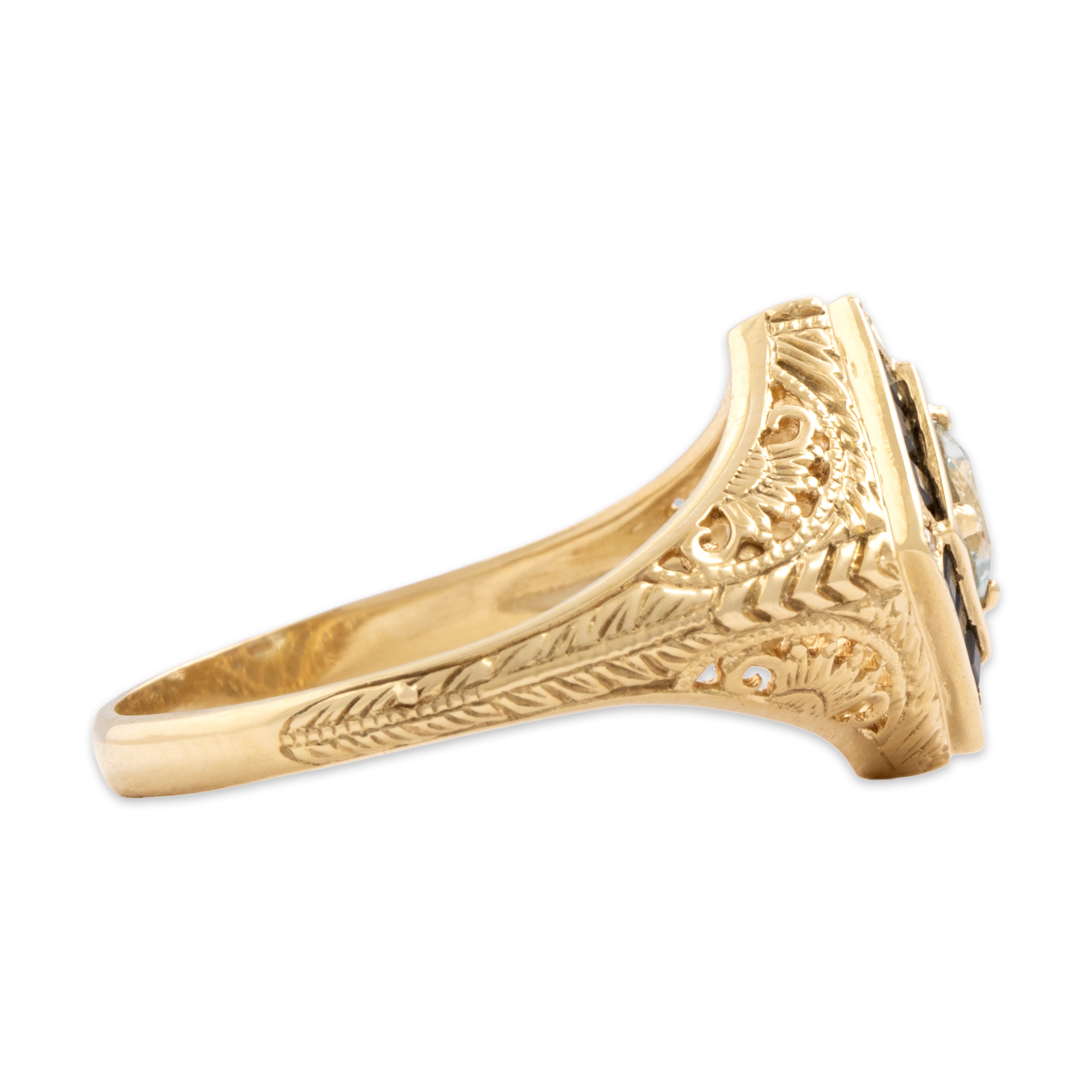 Vintage 14k Yellow Gold Aquamarine Blue Sapphire Diamond Glittering Geometric Border Openwork Ring - Side view