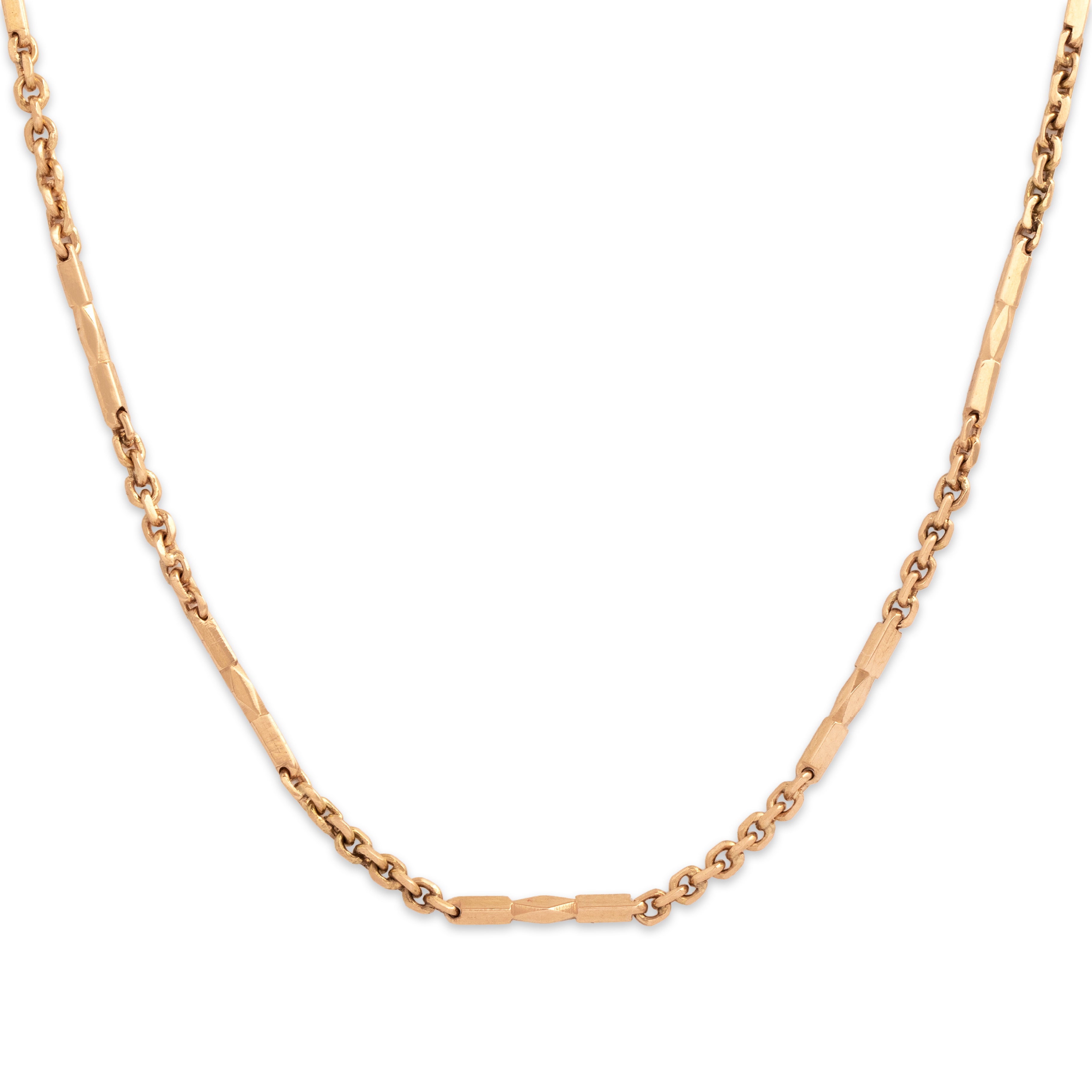 Vintage 14k Rosy Yellow Gold 2.3mm (Cable Links), 1.5mm (Bar Links) Elegant Long Geometric Bar & Cable Link Chain - Close-up view